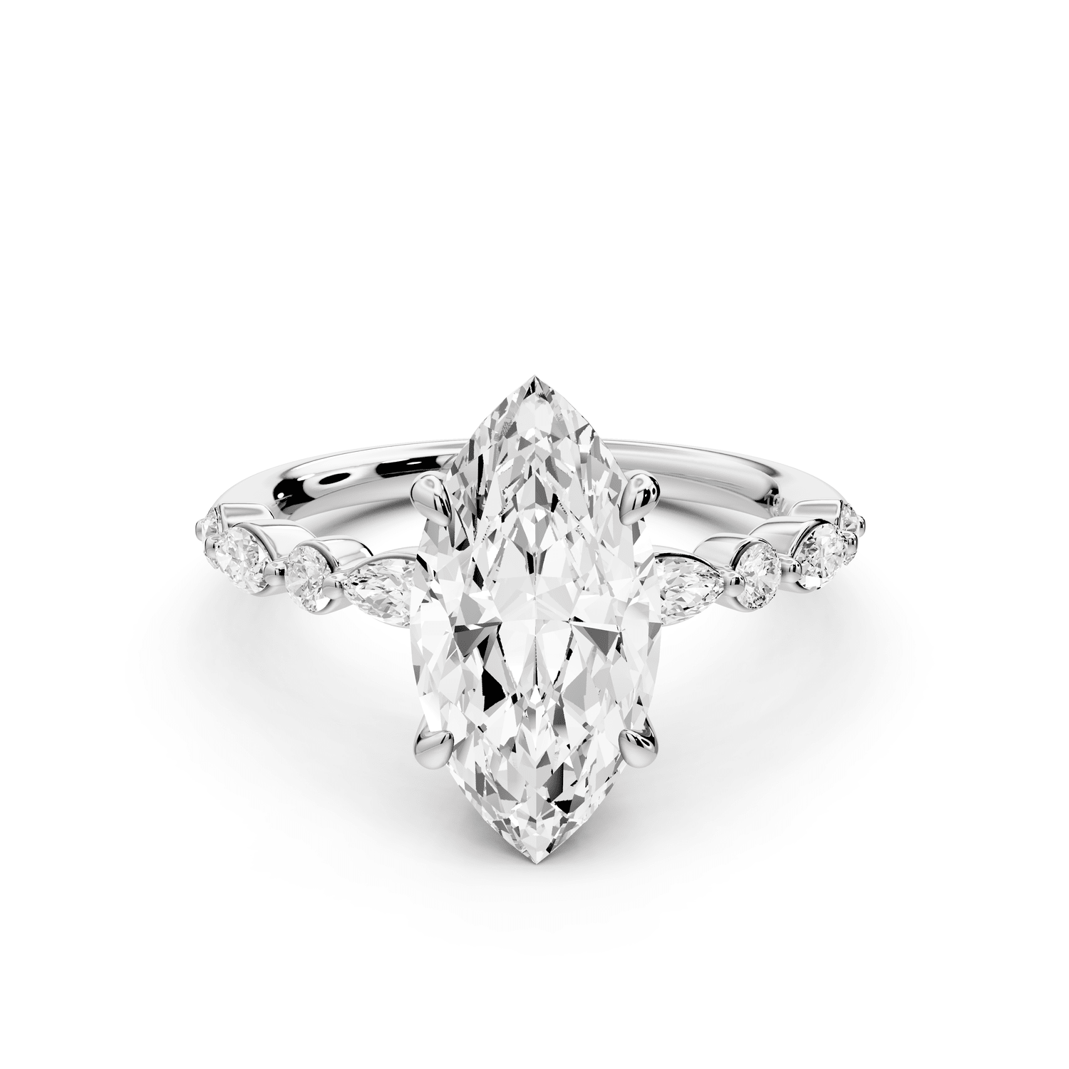 Amalia - 2ct platinum marquise Round Diamond with Alternating 8 - Stone Marquise and Round Diamond Band Engagement Ring - Mr. Alex Jewelry