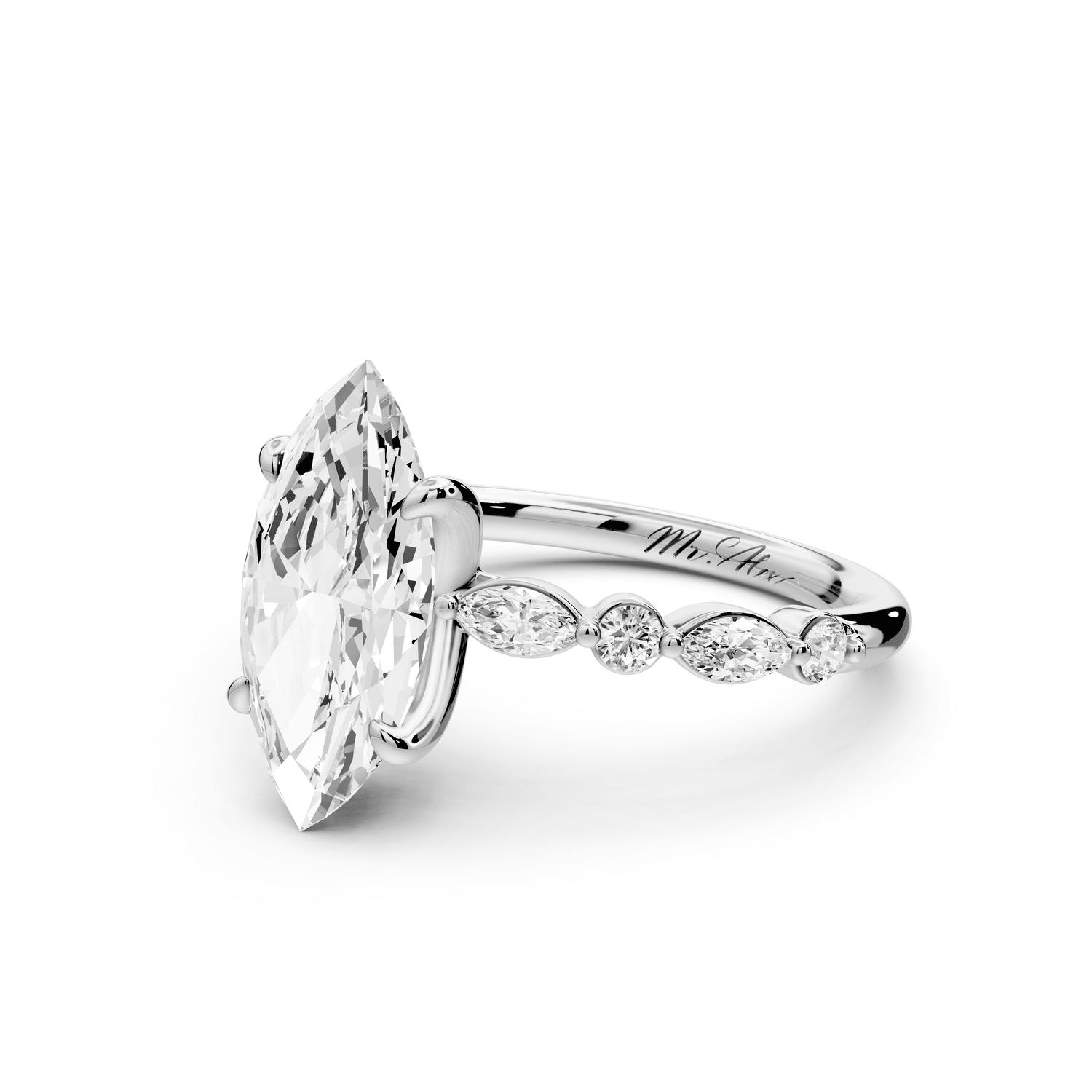 Amalia - 2ct platinum marquise Round Diamond with Alternating 8 - Stone Marquise and Round Diamond Band Engagement Ring - Mr. Alex Jewelry