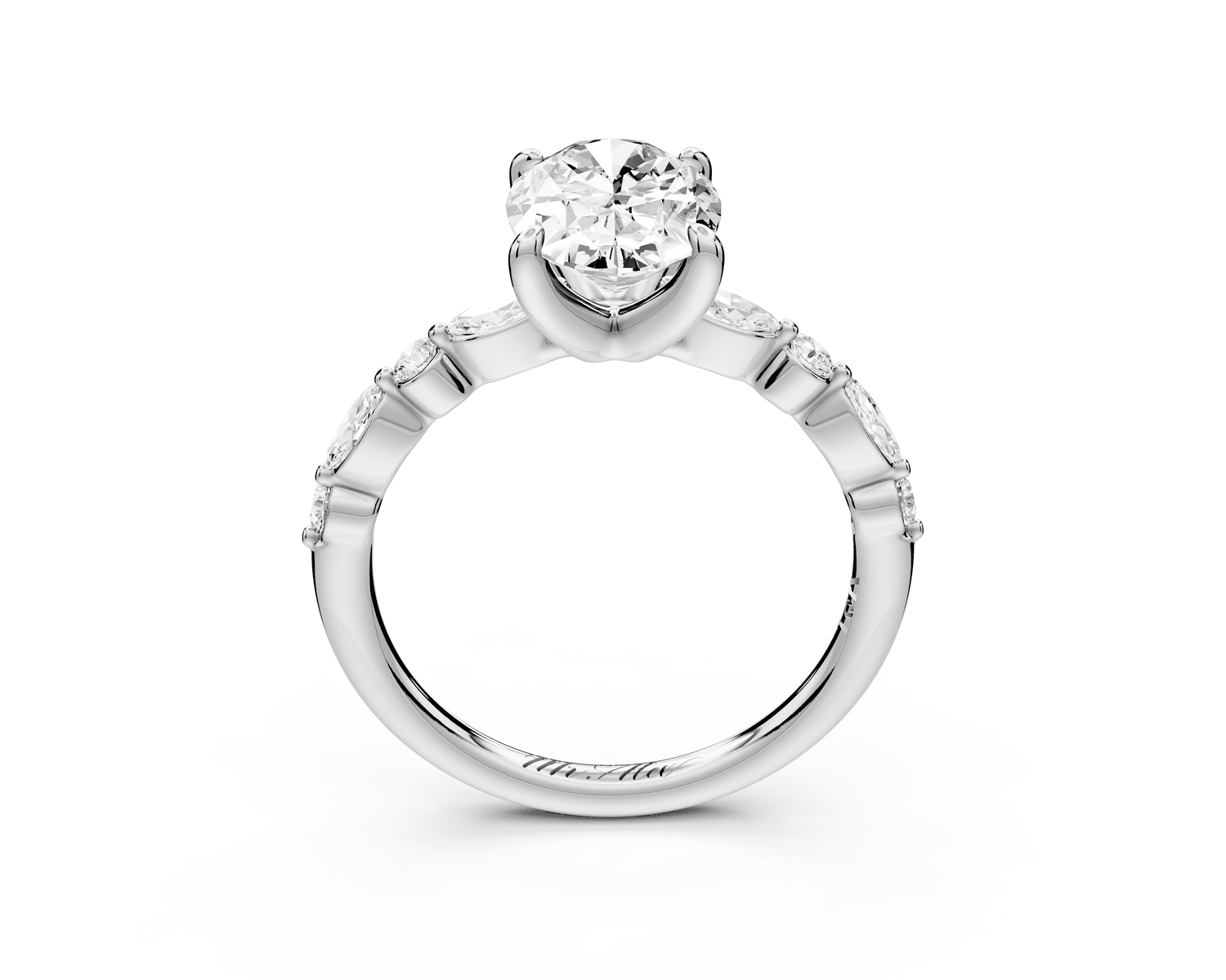 Amalia - 2ct platinum oval Round Diamond with Alternating 8 - Stone Marquise and Round Diamond Band Engagement Ring - Mr. Alex Jewelry