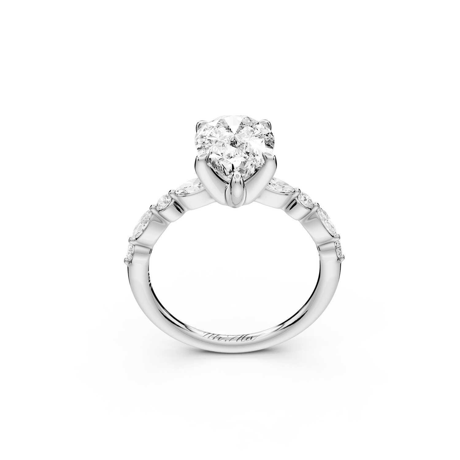 Amalia - 2ct platinum pear Round Diamond with Alternating 8 - Stone Marquise and Round Diamond Band Engagement Ring - Mr. Alex Jewelry