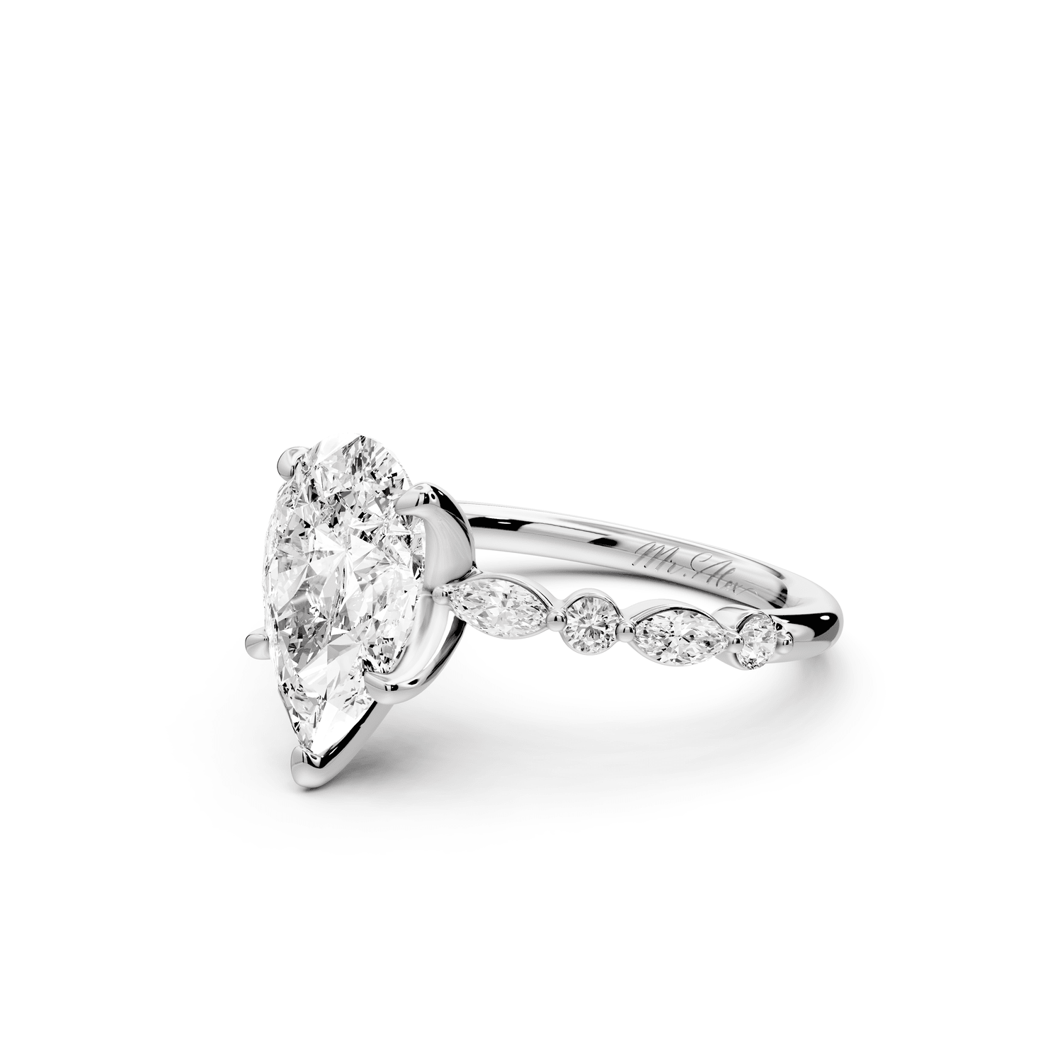 Amalia - 2ct platinum pear Round Diamond with Alternating 8 - Stone Marquise and Round Diamond Band Engagement Ring - Mr. Alex Jewelry