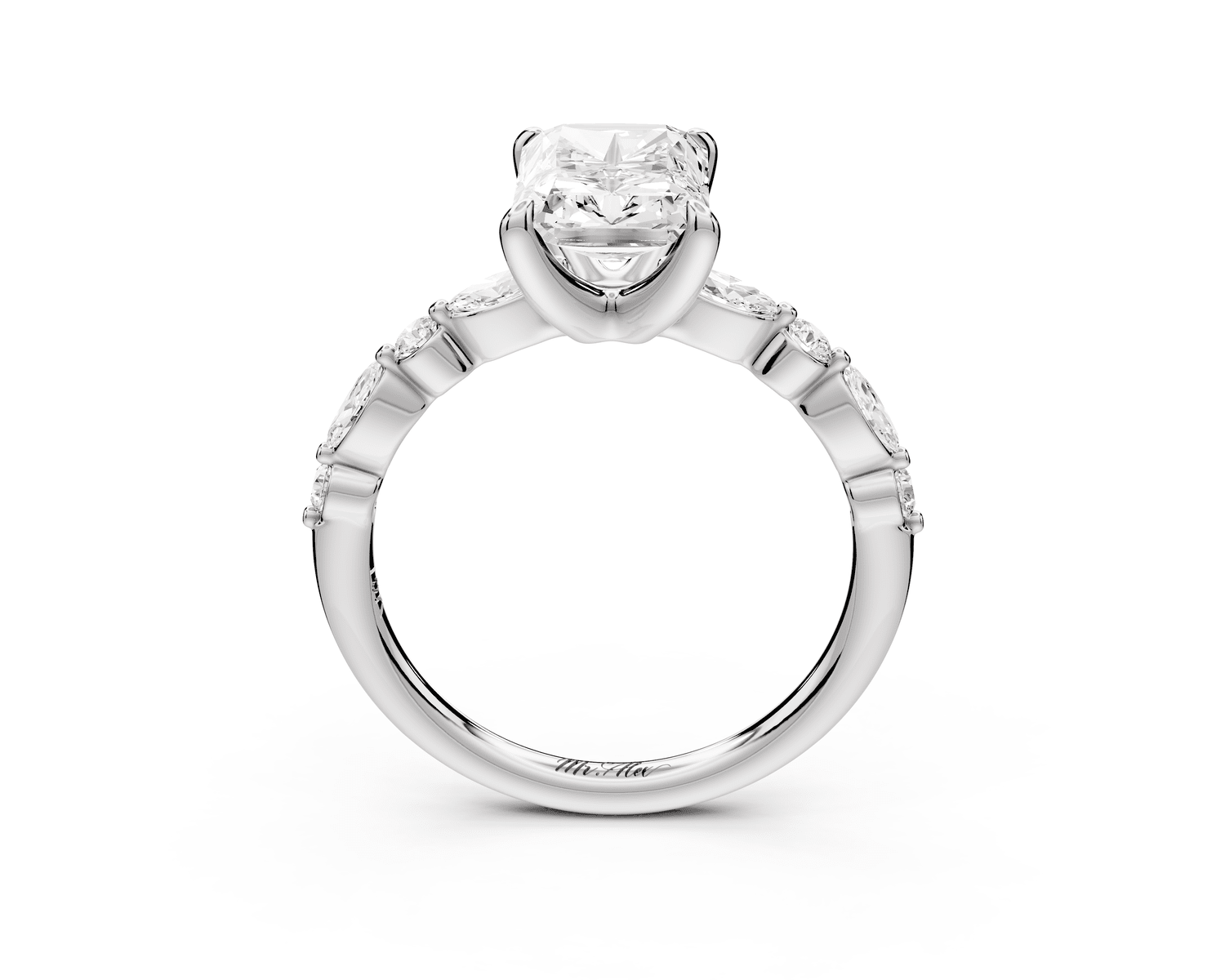 Amalia - 2ct platinum radiant Round Diamond with Alternating 8 - Stone Marquise and Round Diamond Band Engagement Ring - Mr. Alex Jewelry