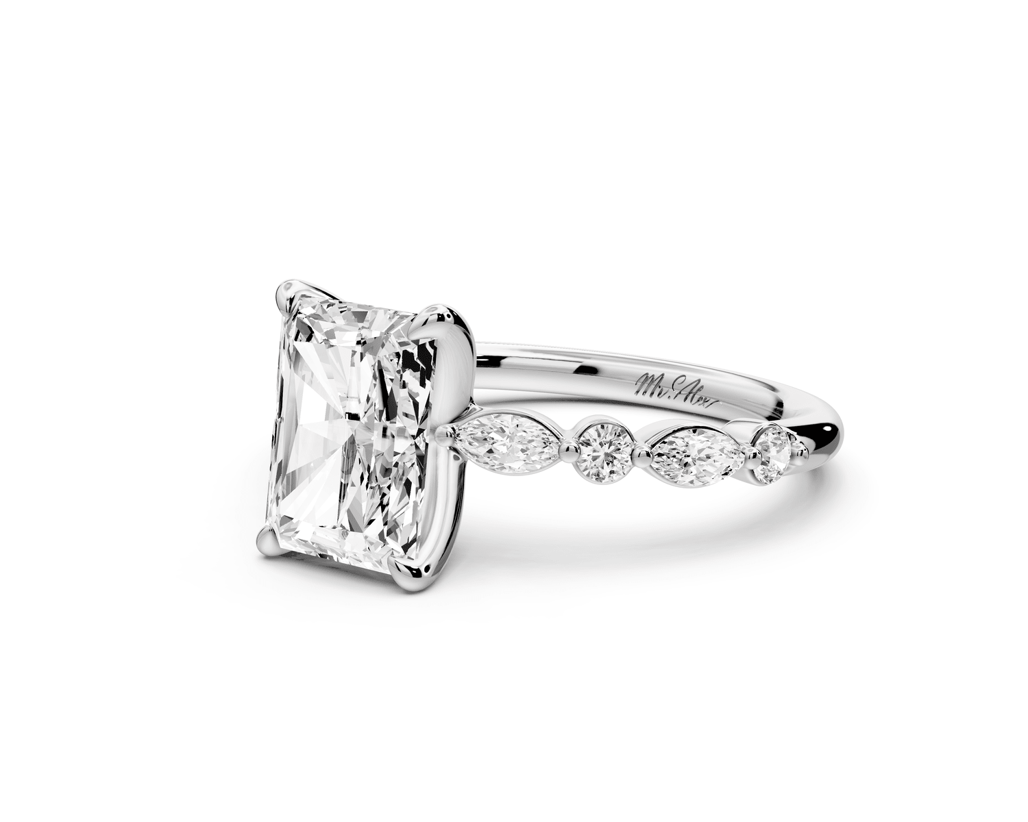 Amalia - 2ct platinum radiant Round Diamond with Alternating 8 - Stone Marquise and Round Diamond Band Engagement Ring - Mr. Alex Jewelry