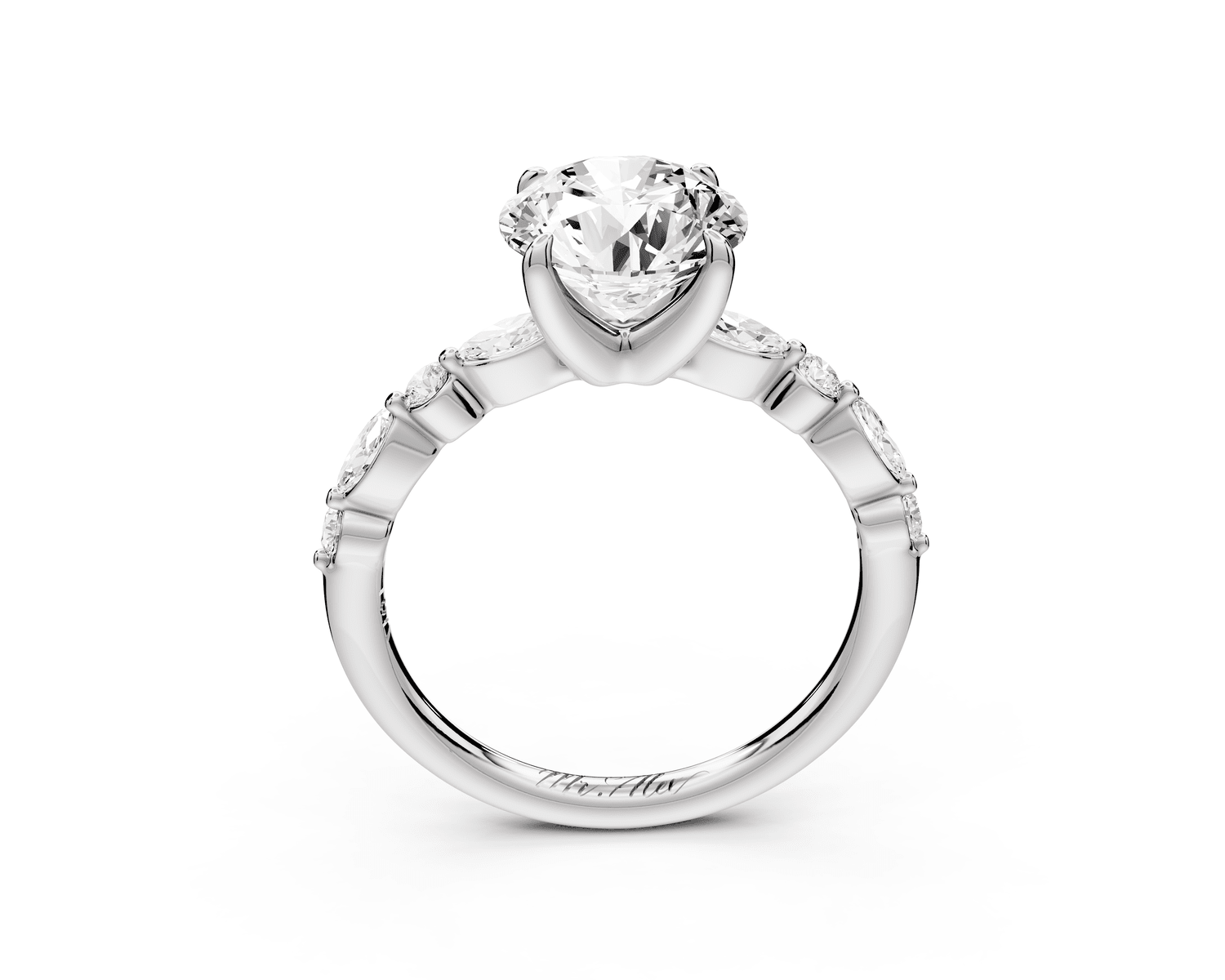 Amalia - 2ct platinum round Round Diamond with Alternating 8 - Stone Marquise and Round Diamond Band Engagement Ring - Mr. Alex Jewelry