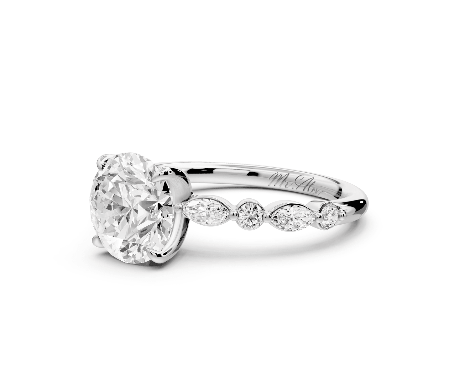 Amalia - 2ct platinum round Round Diamond with Alternating 8 - Stone Marquise and Round Diamond Band Engagement Ring - Mr. Alex Jewelry