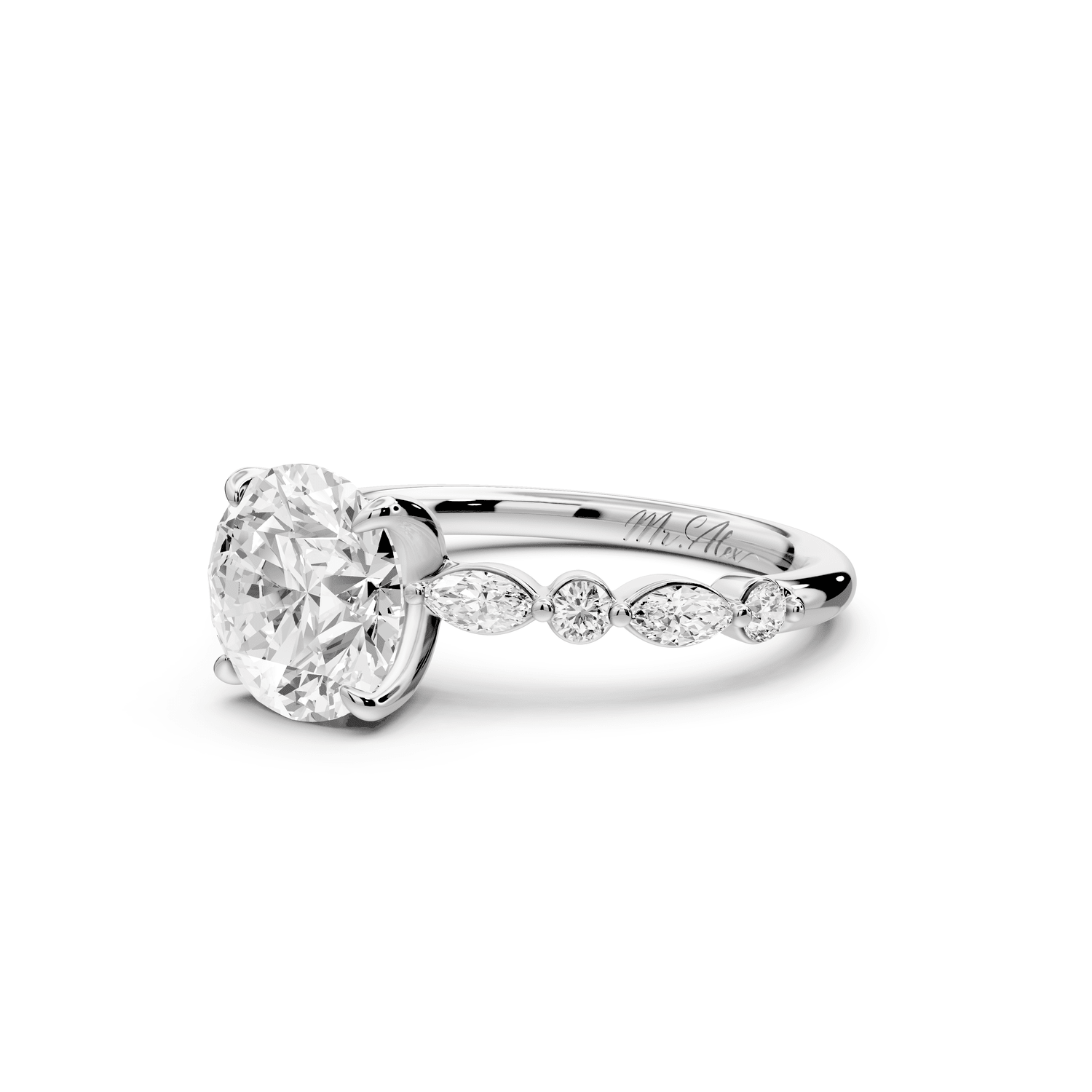 Amalia - 2ct platinum round Round Diamond with Alternating 8 - Stone Marquise and Round Diamond Band Engagement Ring - Mr. Alex Jewelry
