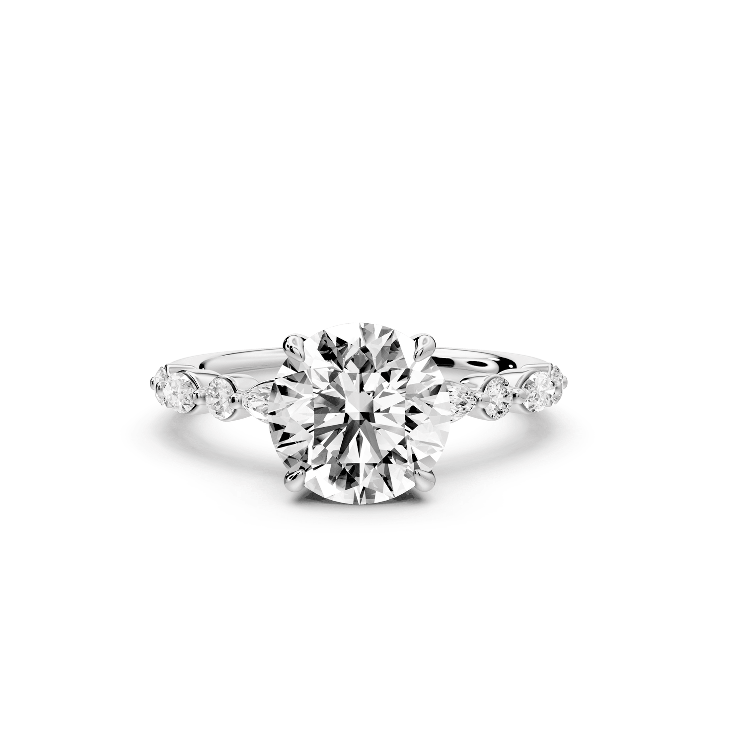 Amalia - 2ct platinum round Round Diamond with Alternating 8 - Stone Marquise and Round Diamond Band Engagement Ring - Mr. Alex Jewelry