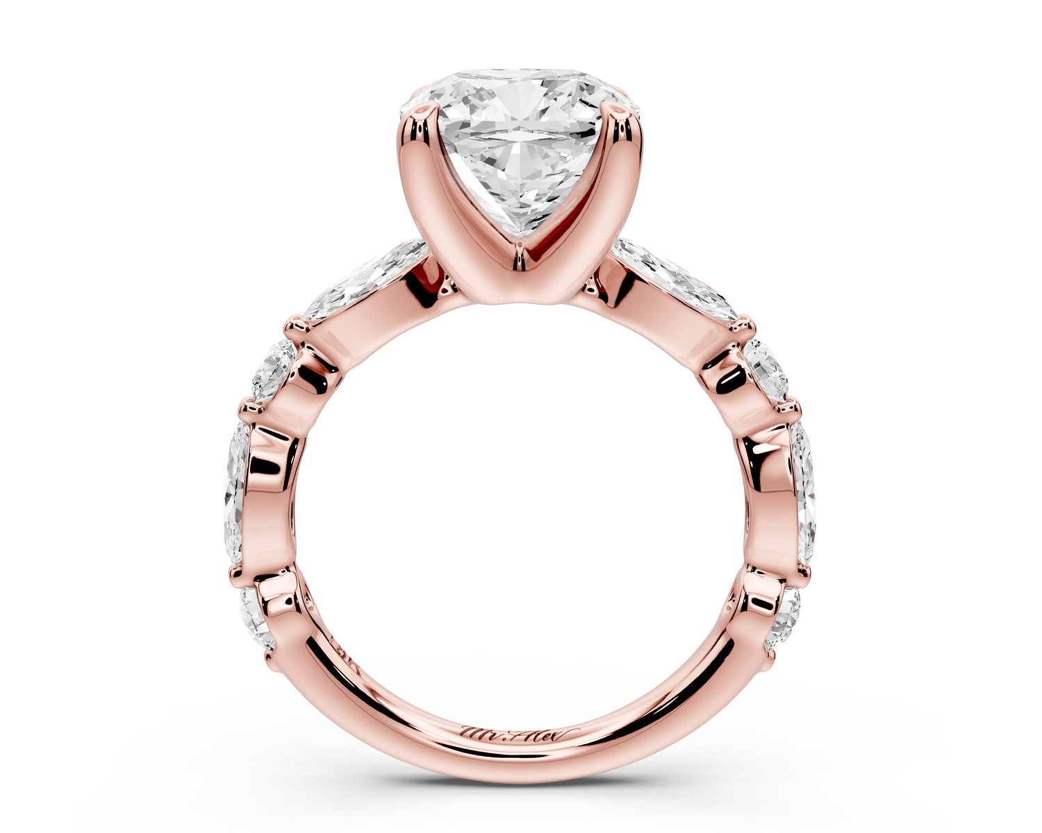 Amalia - 3ct 14k rose gold cushion Round Diamond with Alternating 8 - Stone Marquise and Round Diamond Band Engagement Ring - Mr. Alex Jewelry