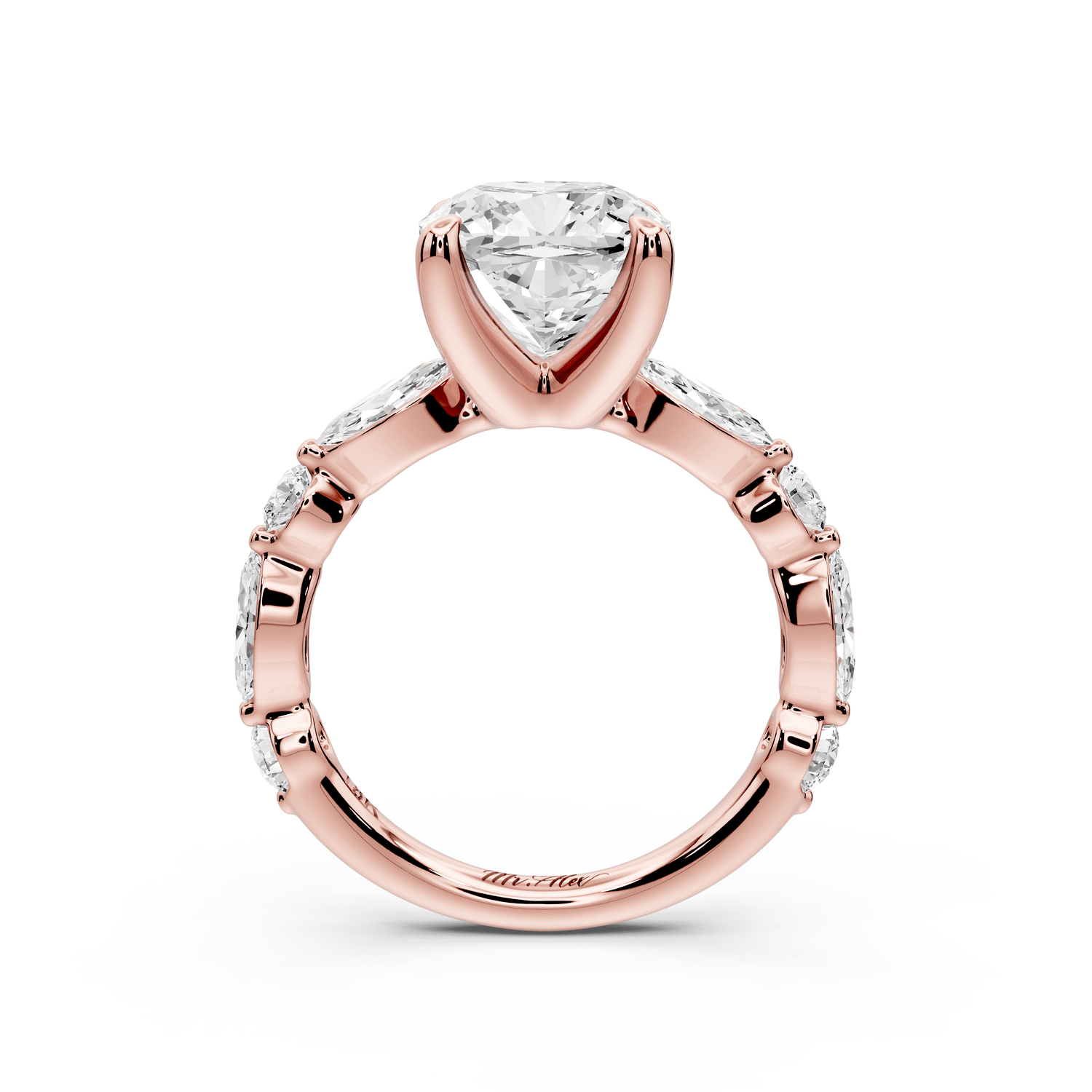 Amalia - 3ct 14k rose gold cushion Round Diamond with Alternating 8 - Stone Marquise and Round Diamond Band Engagement Ring - Mr. Alex Jewelry