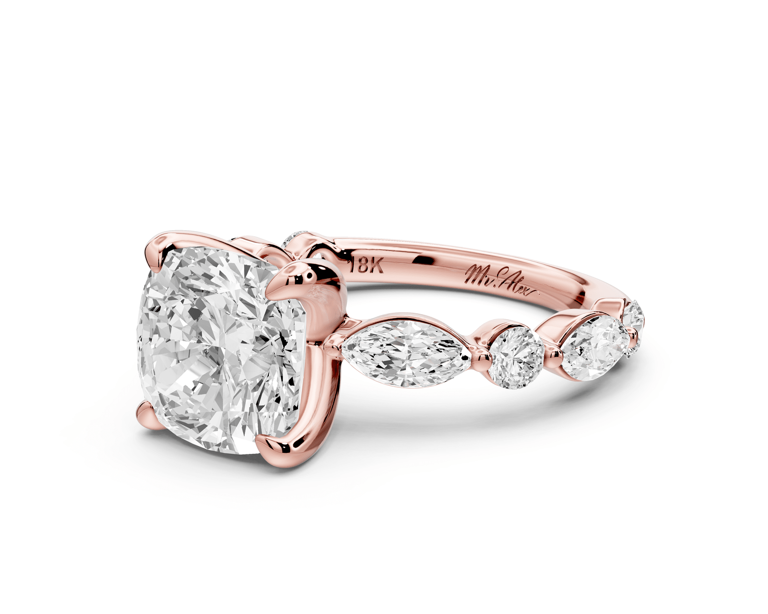 Amalia - 3ct 14k rose gold cushion Round Diamond with Alternating 8 - Stone Marquise and Round Diamond Band Engagement Ring - Mr. Alex Jewelry