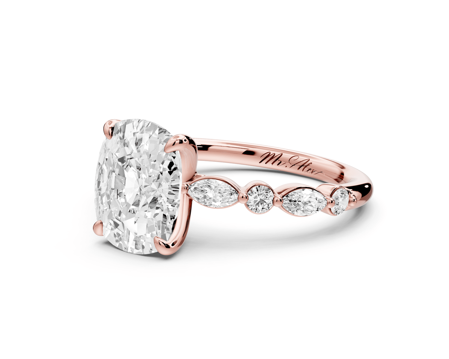 Amalia - 3ct 14k rose gold ecushion Round Diamond with Alternating 8 - Stone Marquise and Round Diamond Band Engagement Ring - Mr. Alex Jewelry