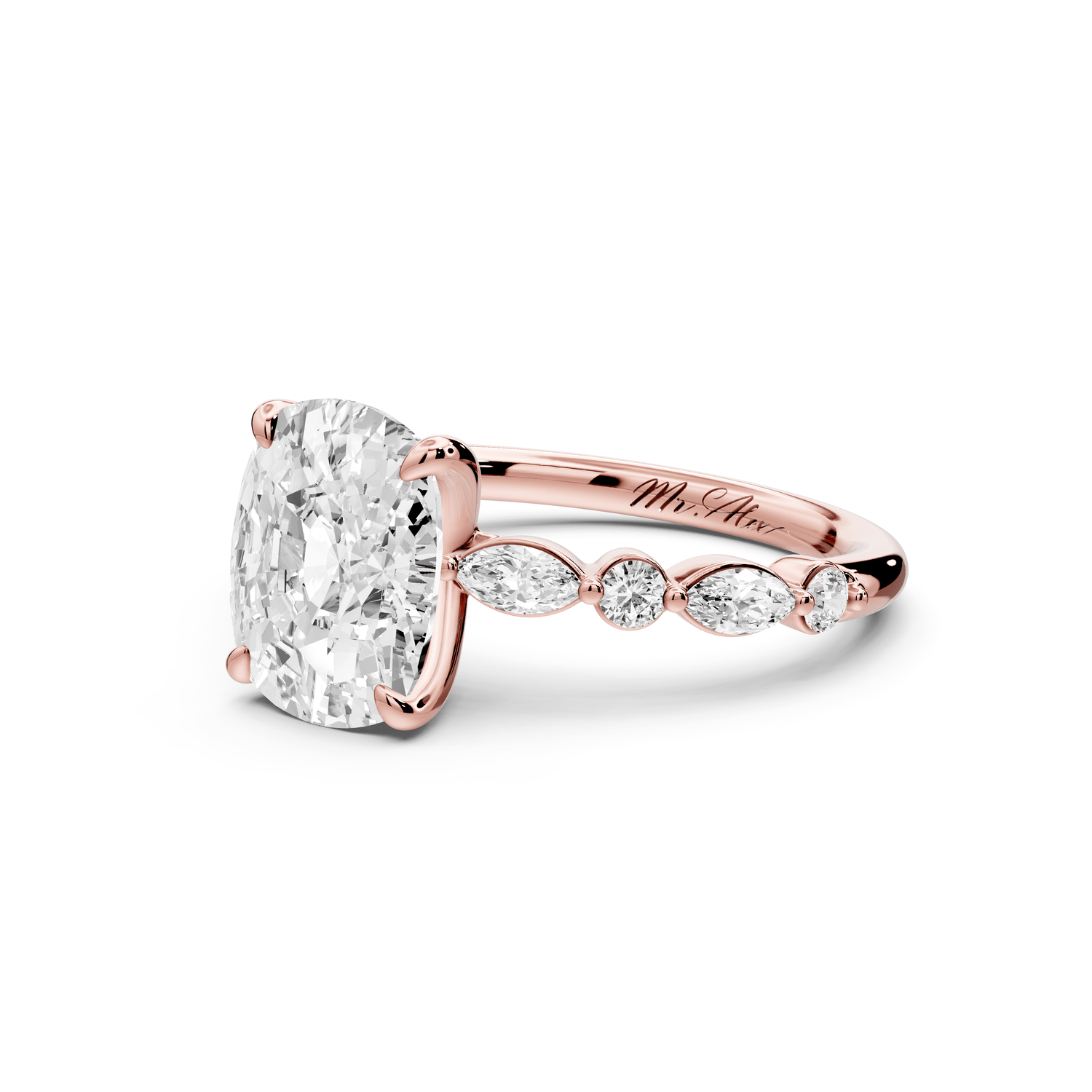 Amalia - 3ct 14k rose gold ecushion Round Diamond with Alternating 8 - Stone Marquise and Round Diamond Band Engagement Ring - Mr. Alex Jewelry