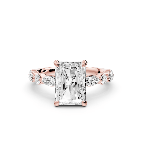 Amalia - 3ct 14k rose gold radiant Round Diamond with Alternating 8 - Stone Marquise and Round Diamond Band Engagement Ring - Mr. Alex Jewelry