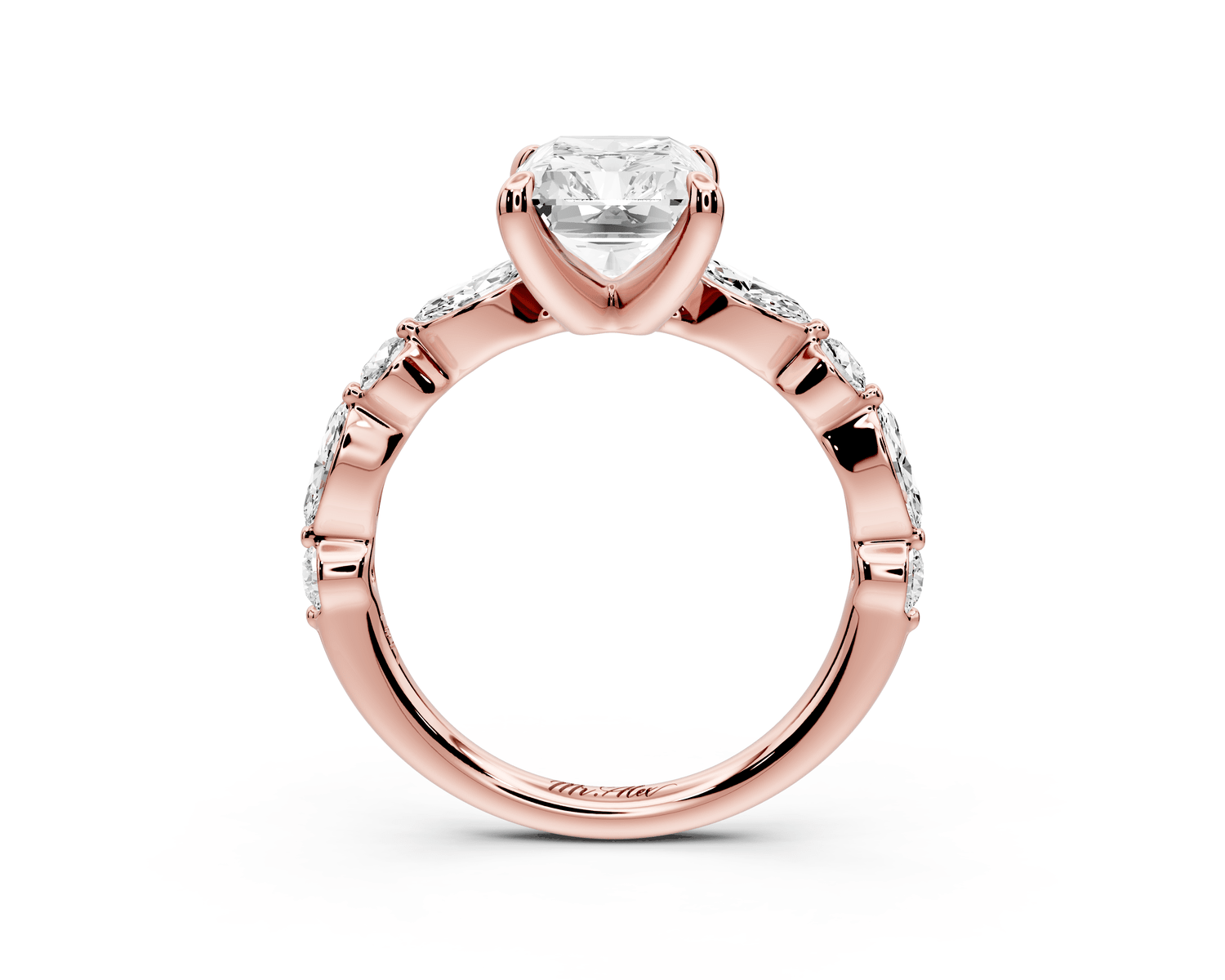 Amalia - 3ct 14k rose gold radiant Round Diamond with Alternating 8 - Stone Marquise and Round Diamond Band Engagement Ring - Mr. Alex Jewelry