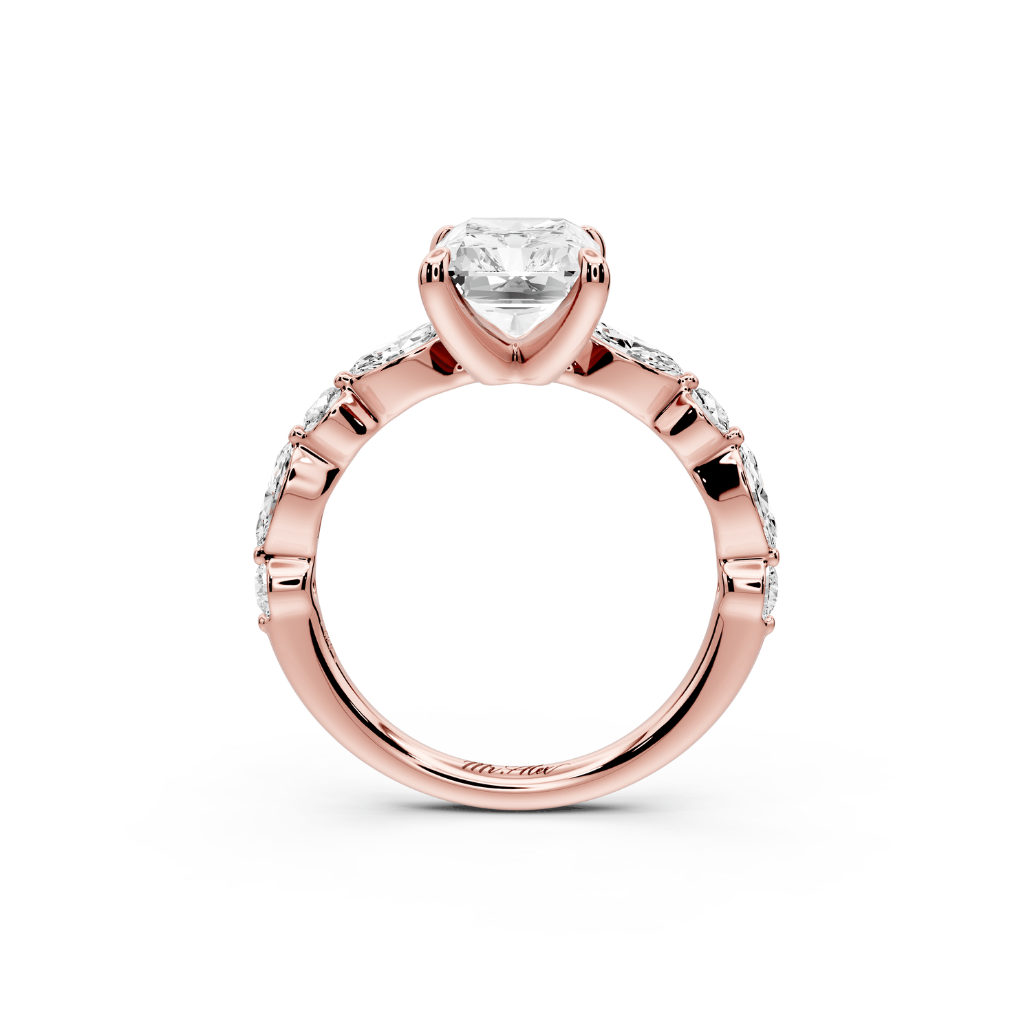 Amalia - 3ct 14k rose gold radiant Round Diamond with Alternating 8 - Stone Marquise and Round Diamond Band Engagement Ring - Mr. Alex Jewelry