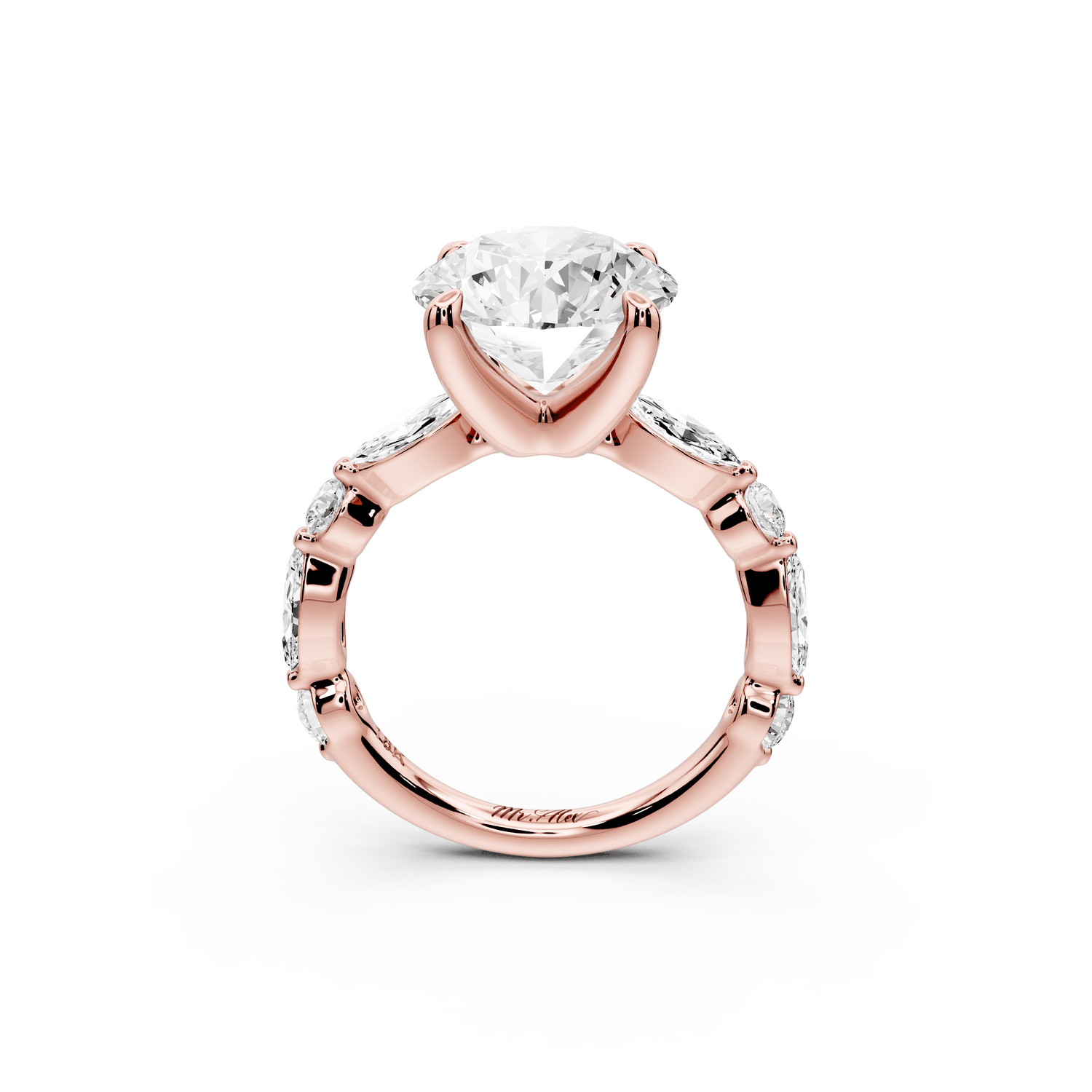Amalia - 3ct 14k rose gold round Round Diamond with Alternating 8 - Stone Marquise and Round Diamond Band Engagement Ring - Mr. Alex Jewelry