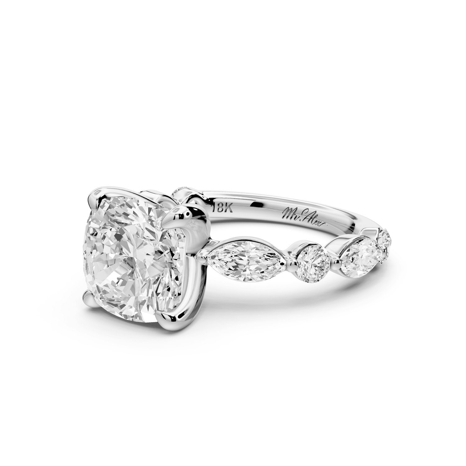 Amalia - 3ct 14k white gold cushion Round Diamond with Alternating 8 - Stone Marquise and Round Diamond Band Engagement Ring - Mr. Alex Jewelry