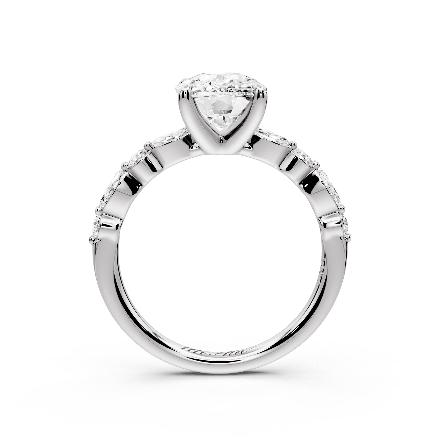 Amalia - 3ct 14k white gold ecushion Round Diamond with Alternating 8 - Stone Marquise and Round Diamond Band Engagement Ring - Mr. Alex Jewelry