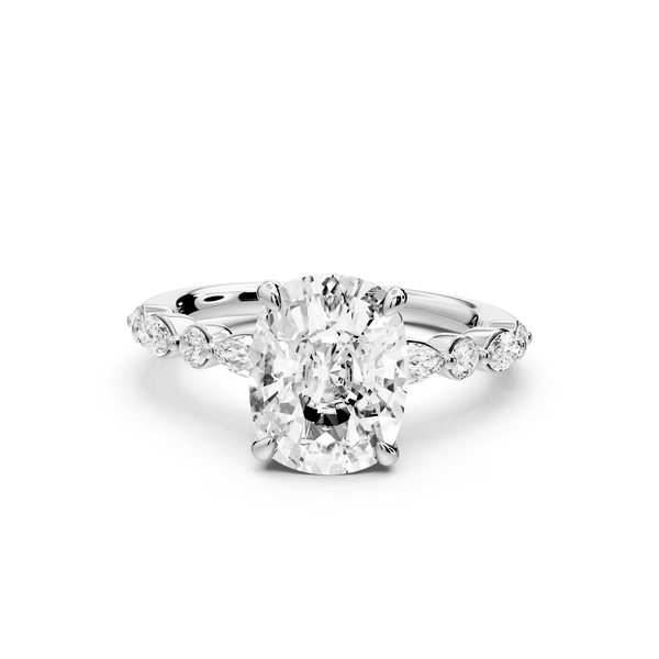Amalia - 3ct 14k white gold ecushion Round Diamond with Alternating 8 - Stone Marquise and Round Diamond Band Engagement Ring - Mr. Alex Jewelry