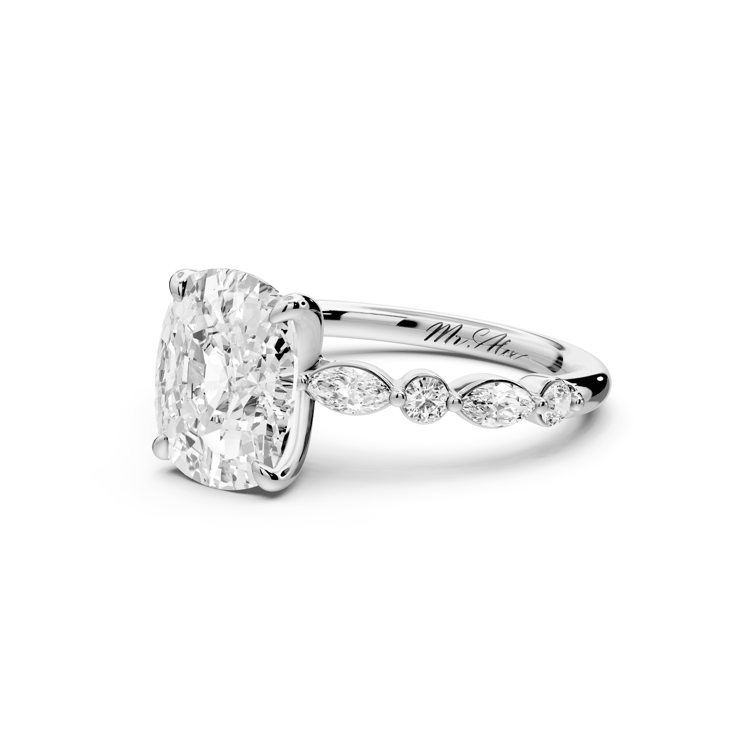Amalia - 3ct 14k white gold ecushion Round Diamond with Alternating 8 - Stone Marquise and Round Diamond Band Engagement Ring - Mr. Alex Jewelry