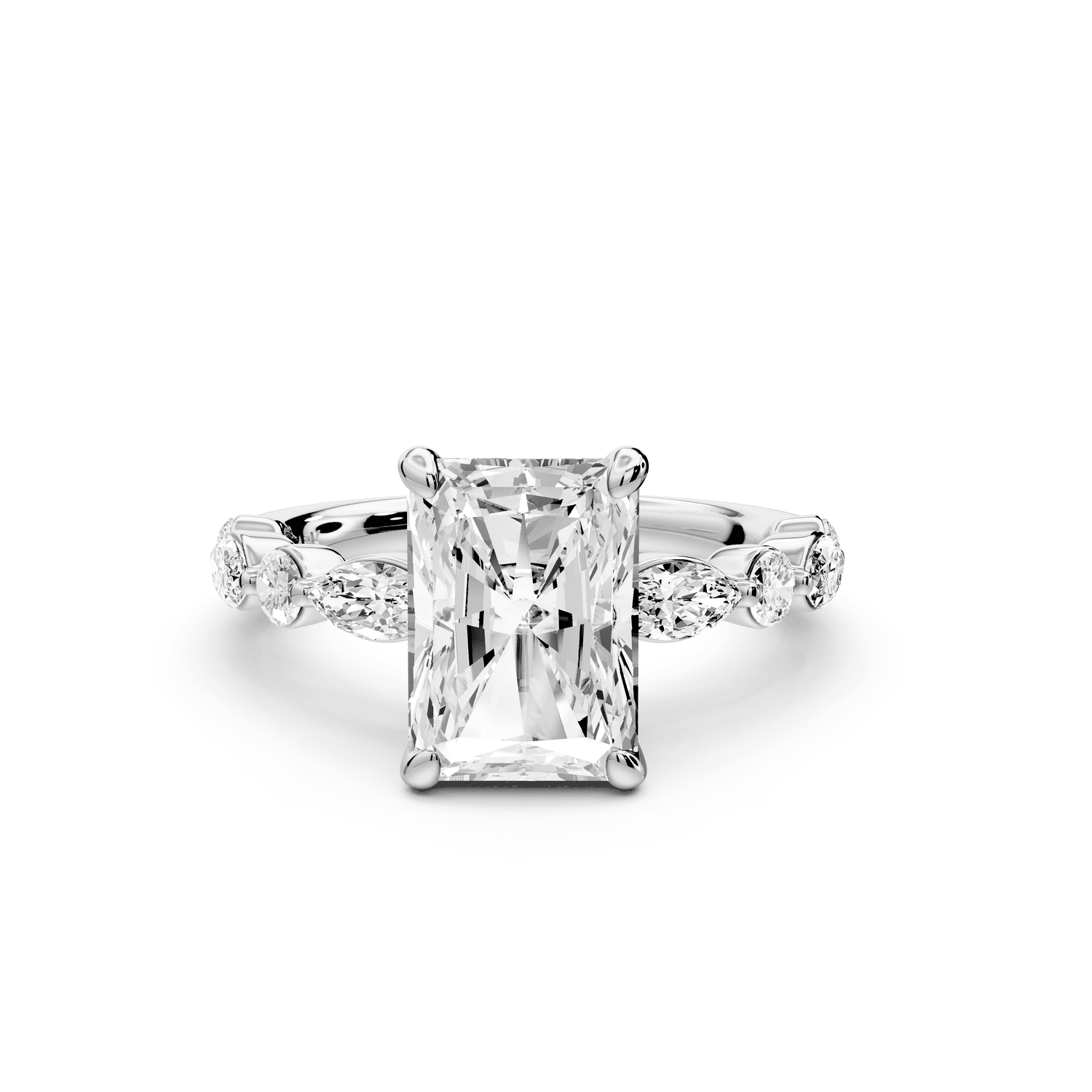Amalia - 3ct 14k white gold radiant Round Diamond with Alternating 8 - Stone Marquise and Round Diamond Band Engagement Ring - Mr. Alex Jewelry