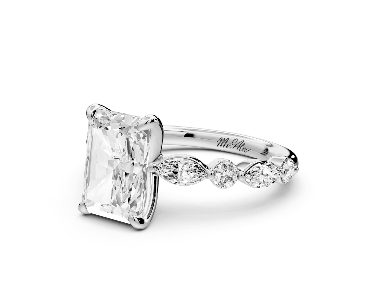 Amalia - 3ct 14k white gold radiant Round Diamond with Alternating 8 - Stone Marquise and Round Diamond Band Engagement Ring - Mr. Alex Jewelry
