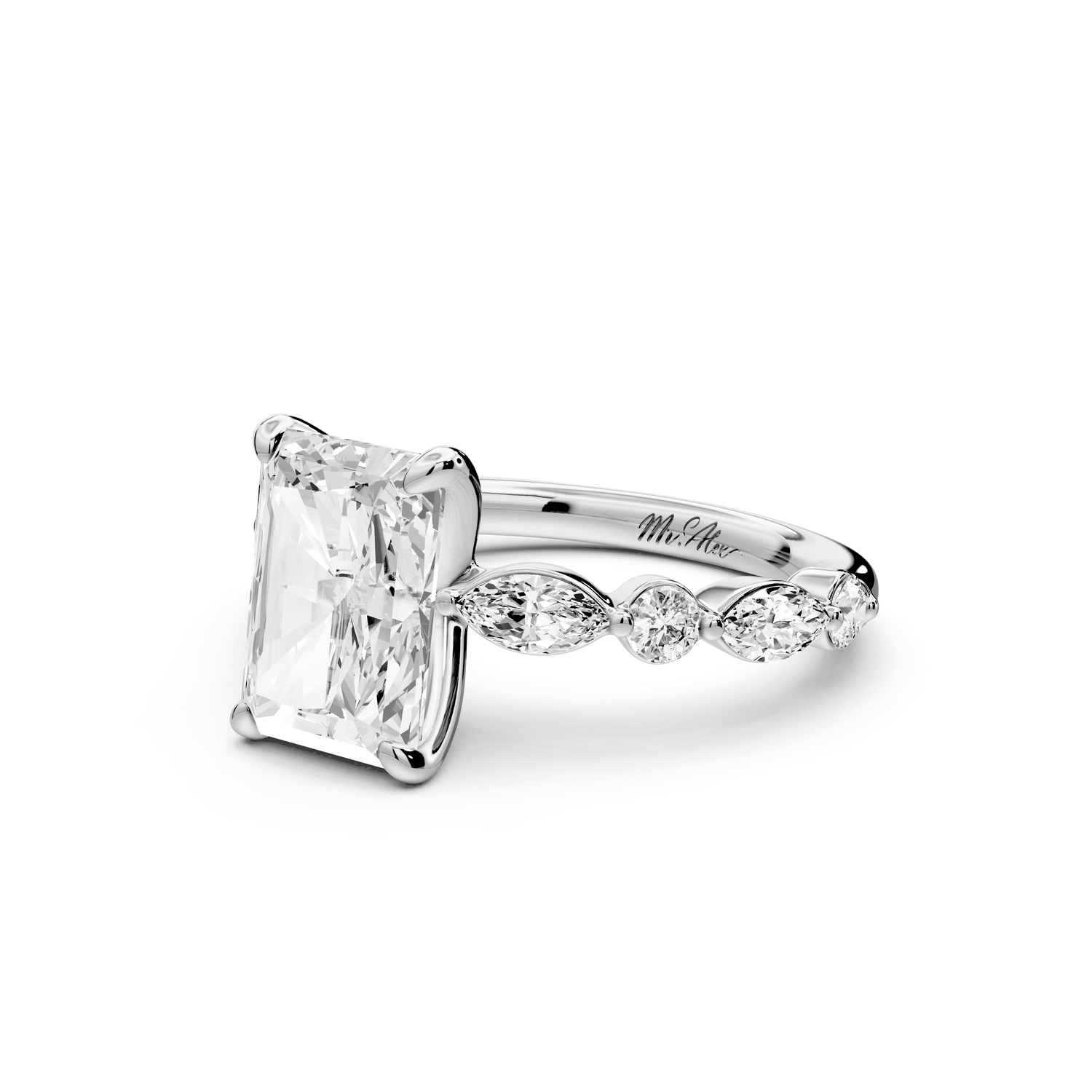 Amalia - 3ct 14k white gold radiant Round Diamond with Alternating 8 - Stone Marquise and Round Diamond Band Engagement Ring - Mr. Alex Jewelry