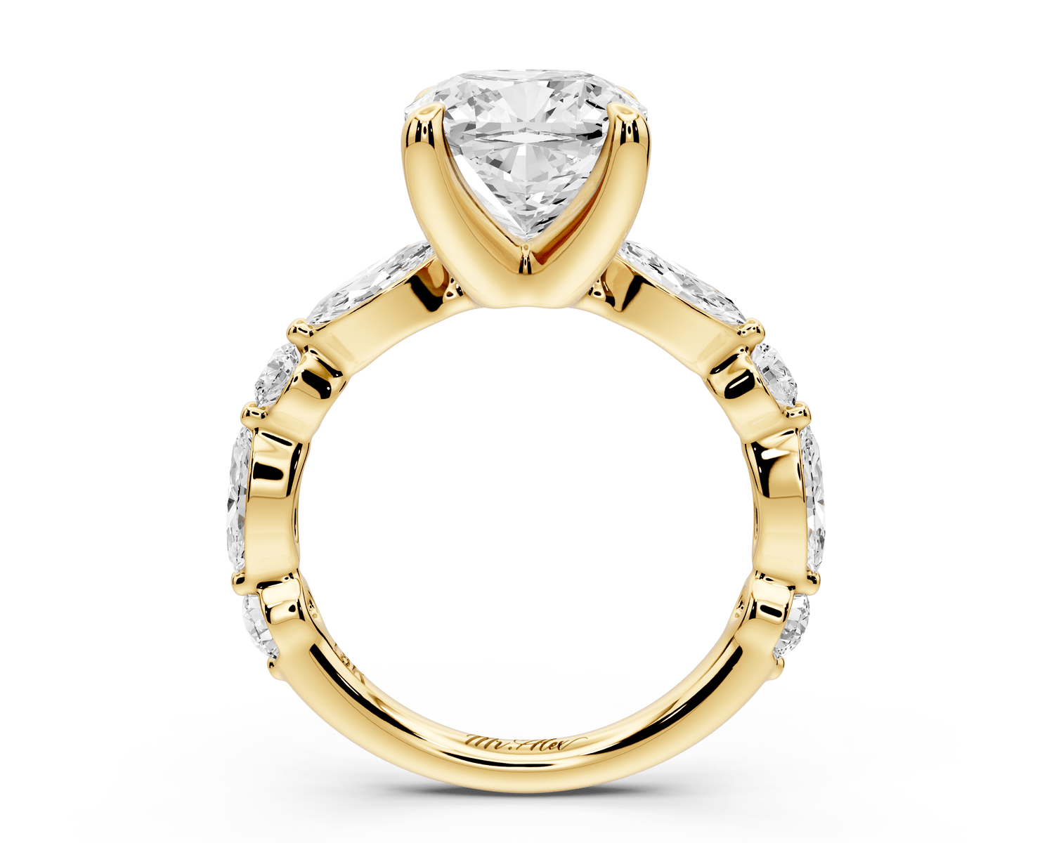 Amalia - 3ct 14k yellow gold cushion Round Diamond with Alternating 8 - Stone Marquise and Round Diamond Band Engagement Ring - Mr. Alex Jewelry