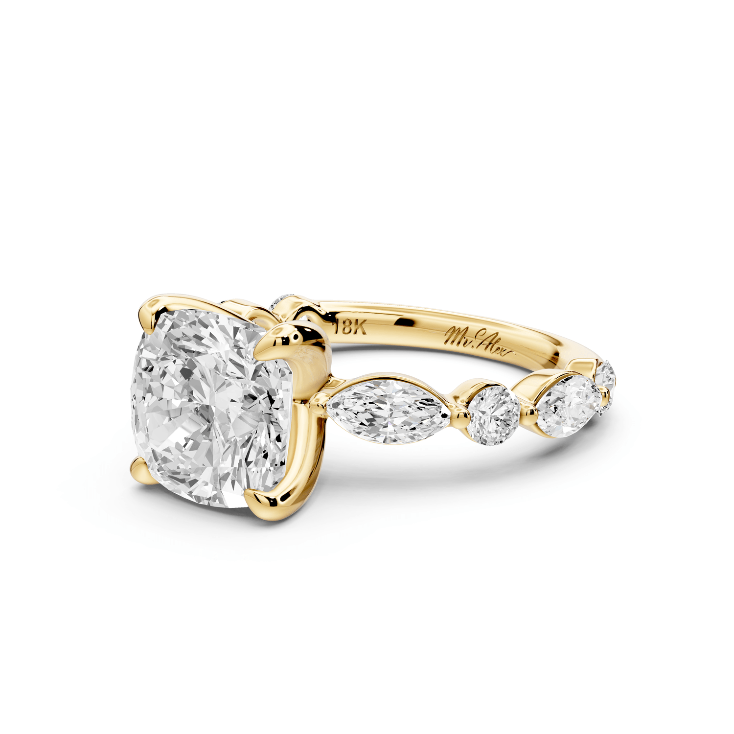 Amalia - 3ct 14k yellow gold cushion Round Diamond with Alternating 8 - Stone Marquise and Round Diamond Band Engagement Ring - Mr. Alex Jewelry