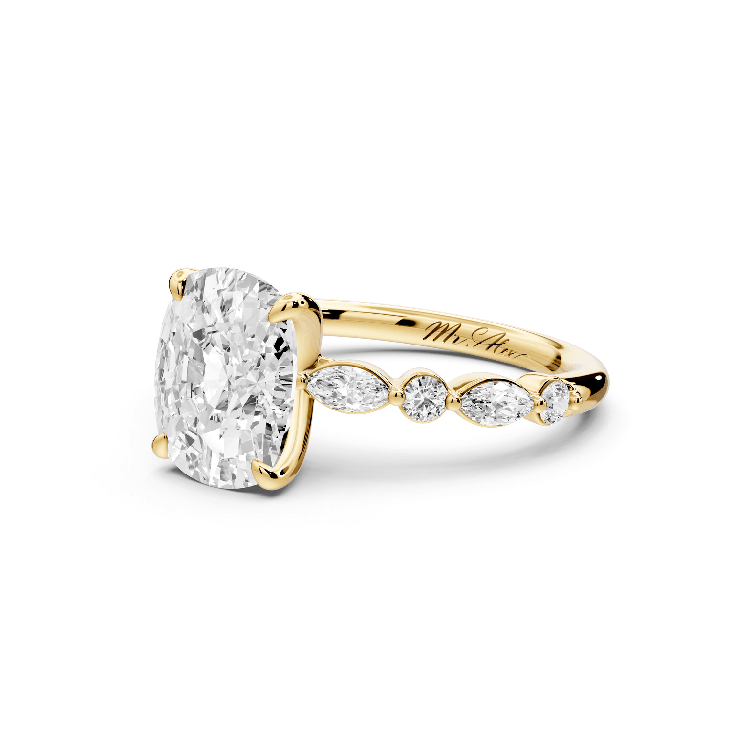 Amalia - 3ct 14k yellow gold ecushion Round Diamond with Alternating 8 - Stone Marquise and Round Diamond Band Engagement Ring - Mr. Alex Jewelry
