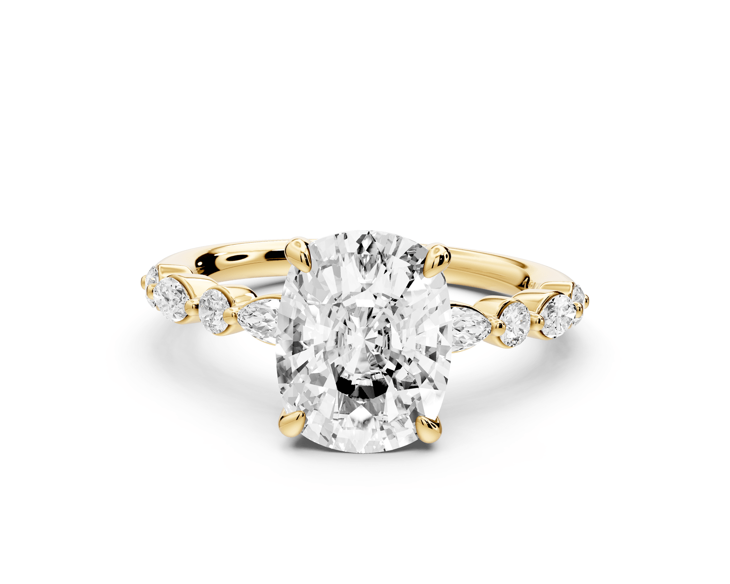 Amalia - 3ct 14k yellow gold ecushion Round Diamond with Alternating 8 - Stone Marquise and Round Diamond Band Engagement Ring - Mr. Alex Jewelry