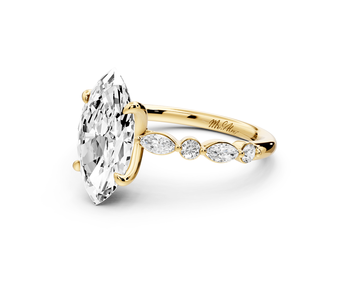 Amalia - 3ct 14k yellow gold marquise Round Diamond with Alternating 8 - Stone Marquise and Round Diamond Band Engagement Ring - Mr. Alex Jewelry