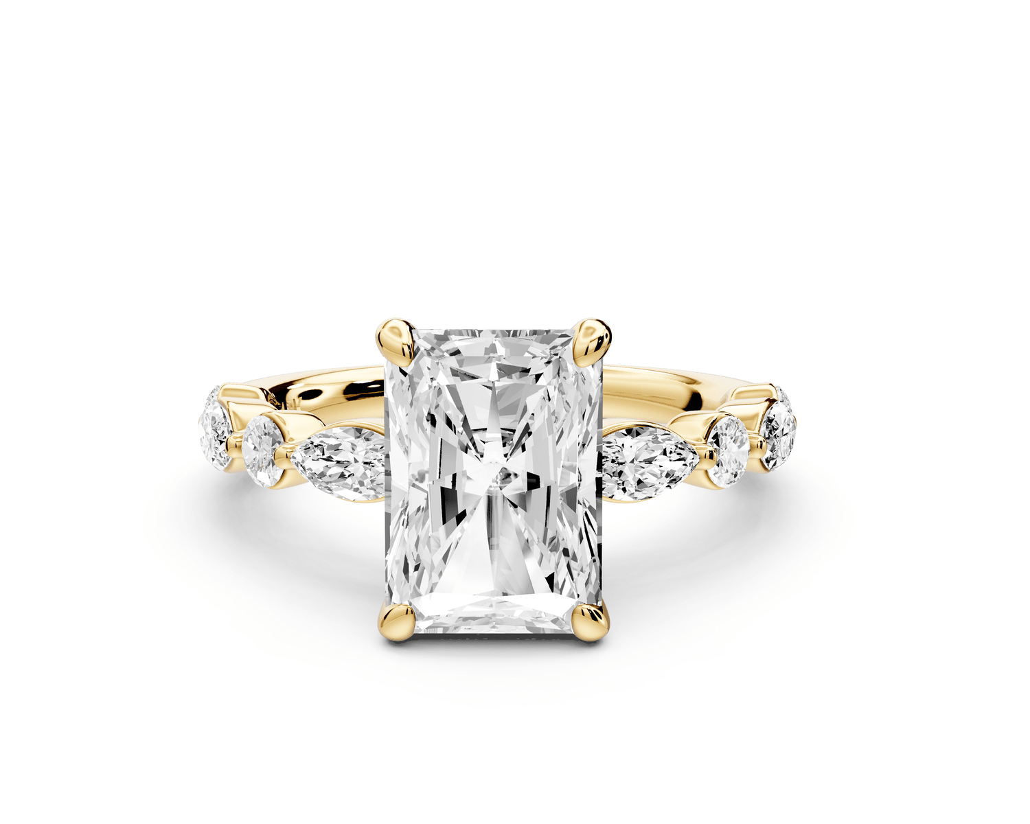 Amalia - 3ct 14k yellow gold radiant Round Diamond with Alternating 8 - Stone Marquise and Round Diamond Band Engagement Ring - Mr. Alex Jewelry