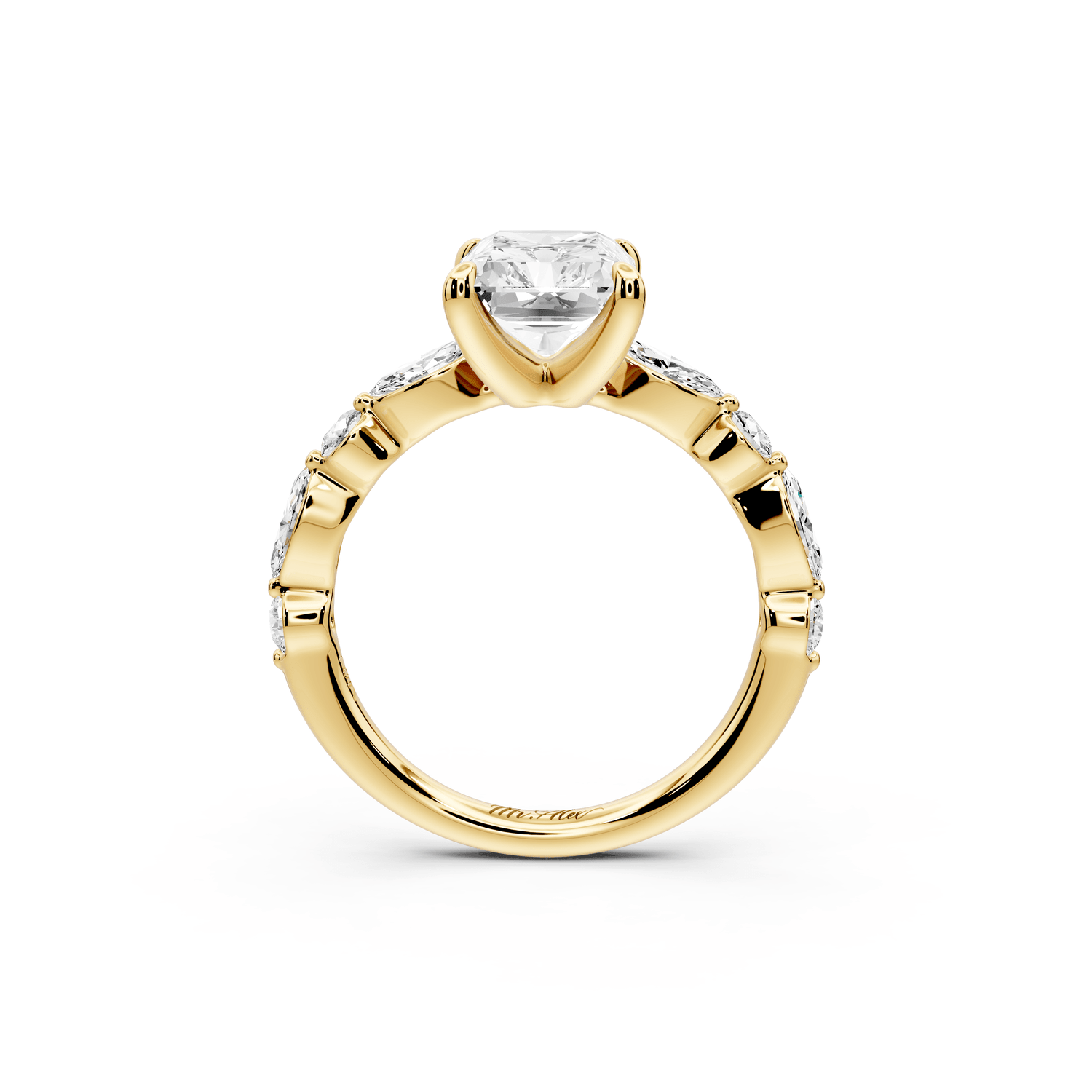 Amalia - 3ct 14k yellow gold radiant Round Diamond with Alternating 8 - Stone Marquise and Round Diamond Band Engagement Ring - Mr. Alex Jewelry