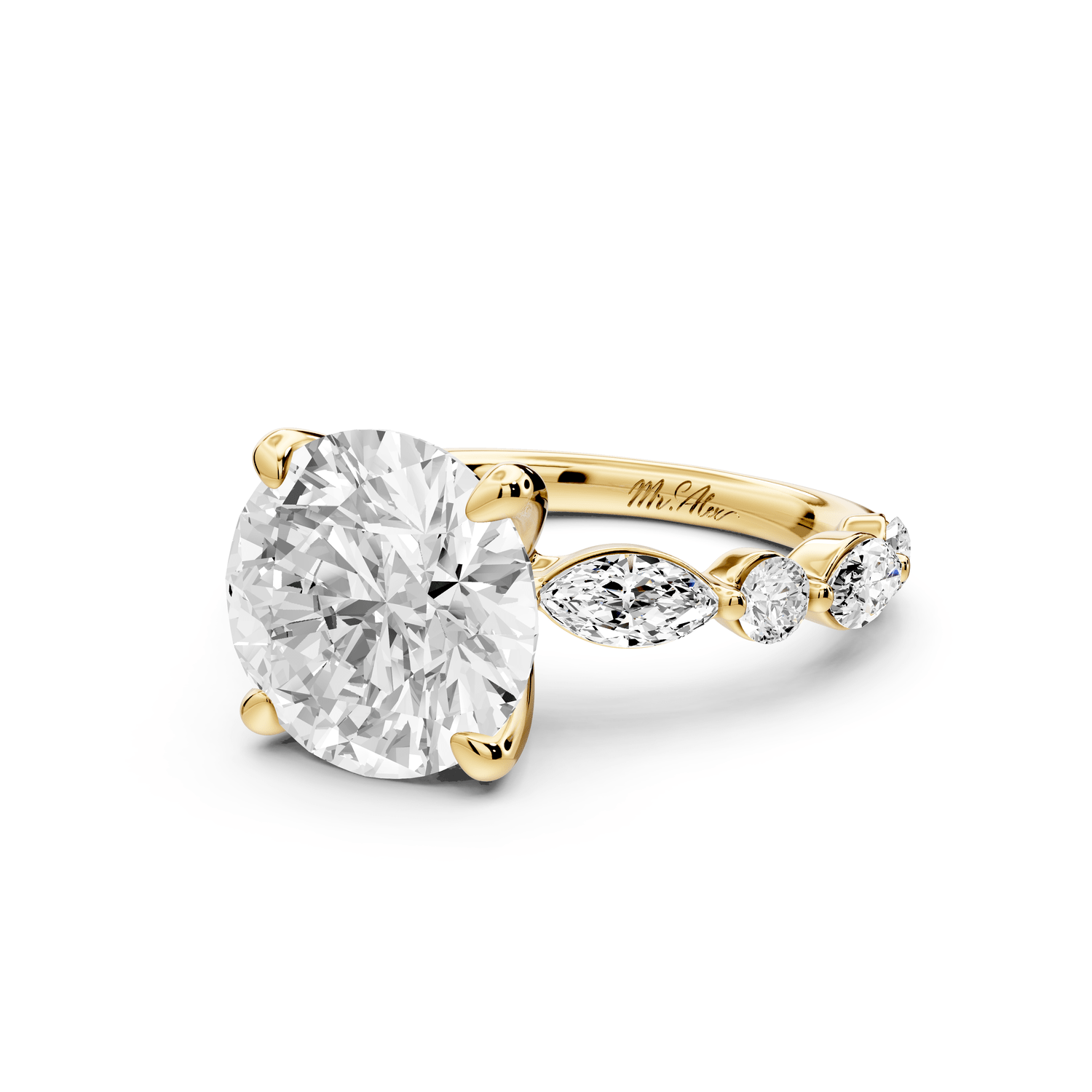 Amalia - 3ct 14k yellow gold round Round Diamond with Alternating 8 - Stone Marquise and Round Diamond Band Engagement Ring - Mr. Alex Jewelry