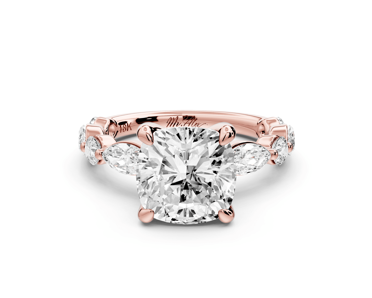 Amalia - 3ct 18k rose gold cushion Round Diamond with Alternating 8 - Stone Marquise and Round Diamond Band Engagement Ring - Mr. Alex Jewelry