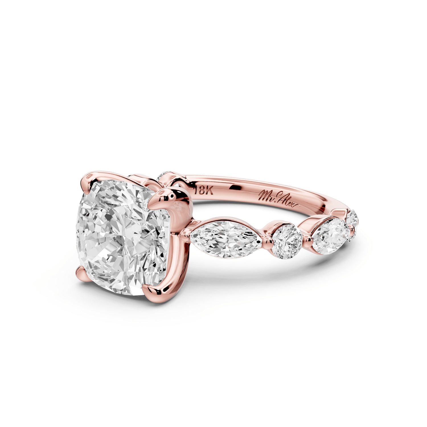 Amalia - 3ct 18k rose gold cushion Round Diamond with Alternating 8 - Stone Marquise and Round Diamond Band Engagement Ring - Mr. Alex Jewelry