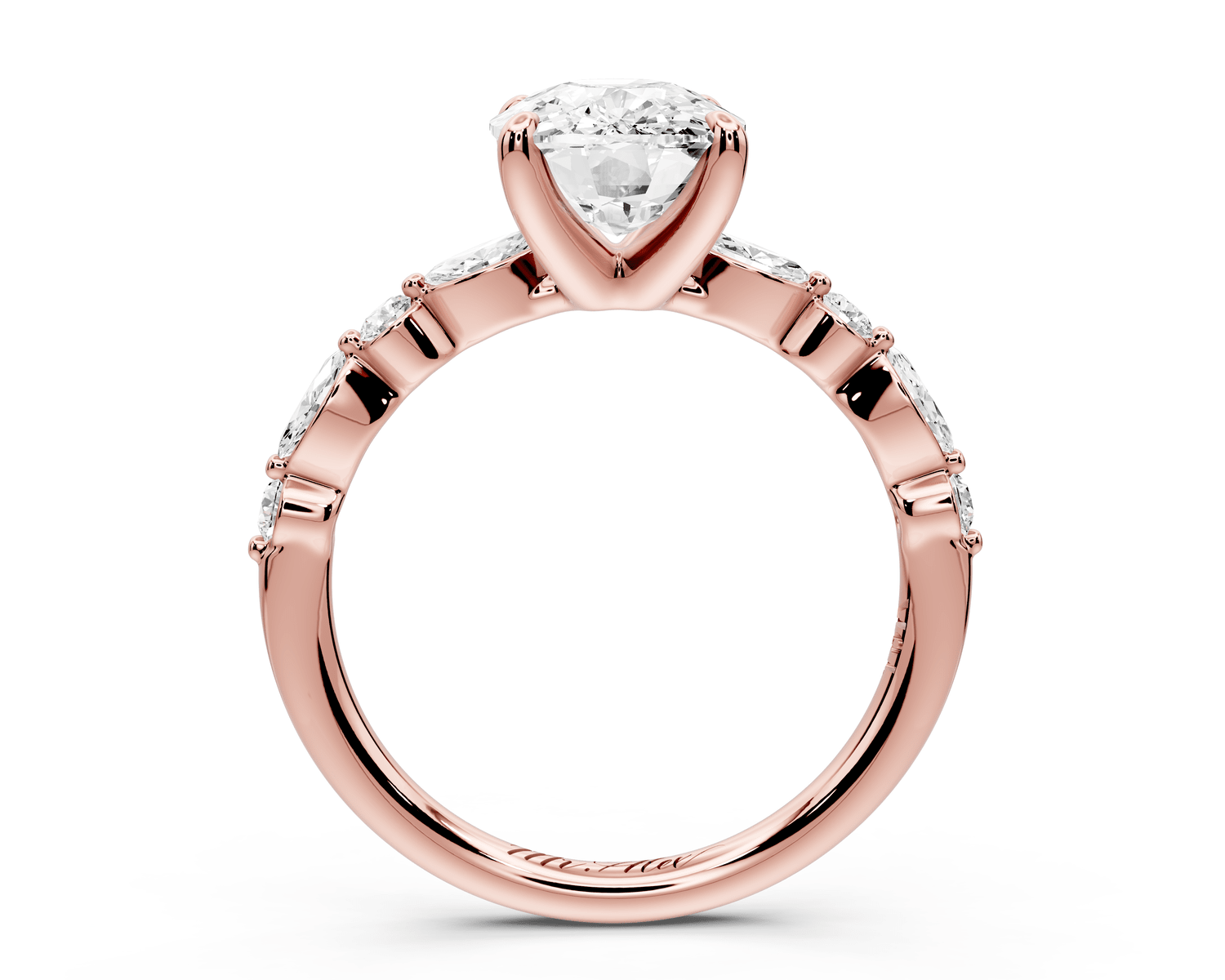 Amalia - 3ct 18k rose gold ecushion Round Diamond with Alternating 8 - Stone Marquise and Round Diamond Band Engagement Ring - Mr. Alex Jewelry
