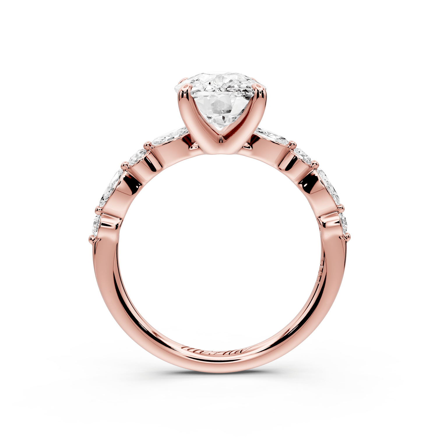 Amalia - 3ct 18k rose gold ecushion Round Diamond with Alternating 8 - Stone Marquise and Round Diamond Band Engagement Ring - Mr. Alex Jewelry