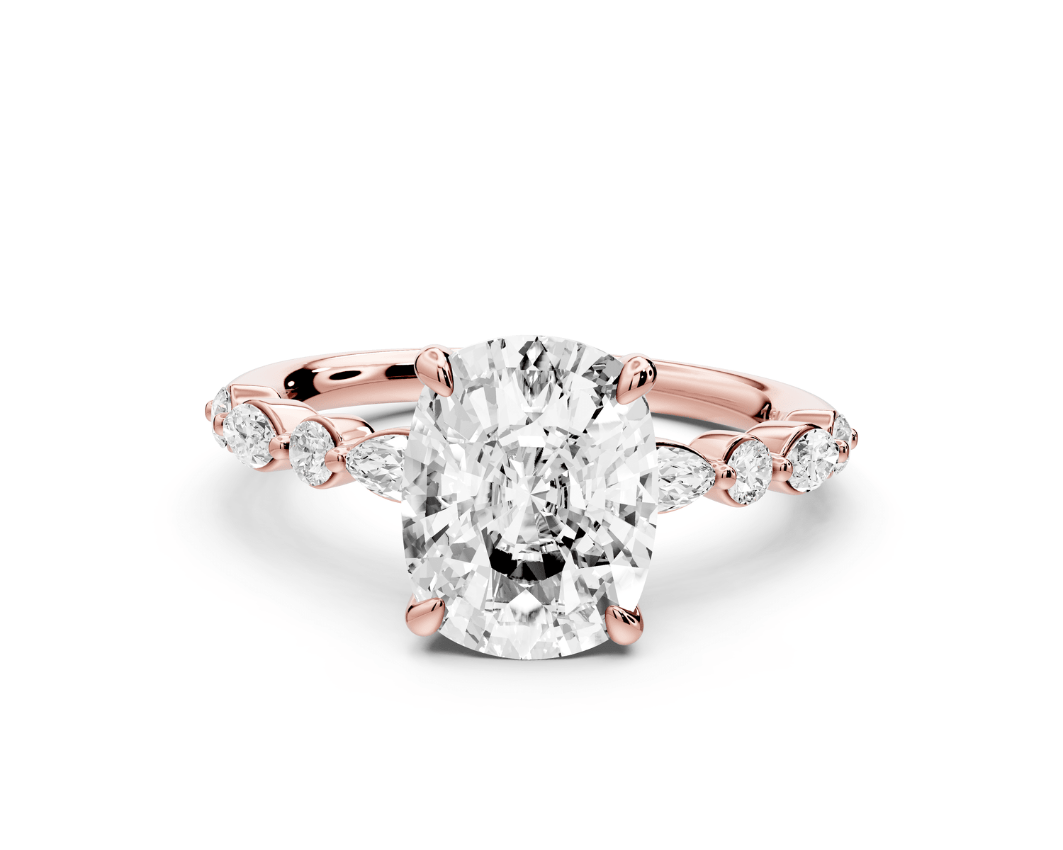Amalia - 3ct 18k rose gold ecushion Round Diamond with Alternating 8 - Stone Marquise and Round Diamond Band Engagement Ring - Mr. Alex Jewelry