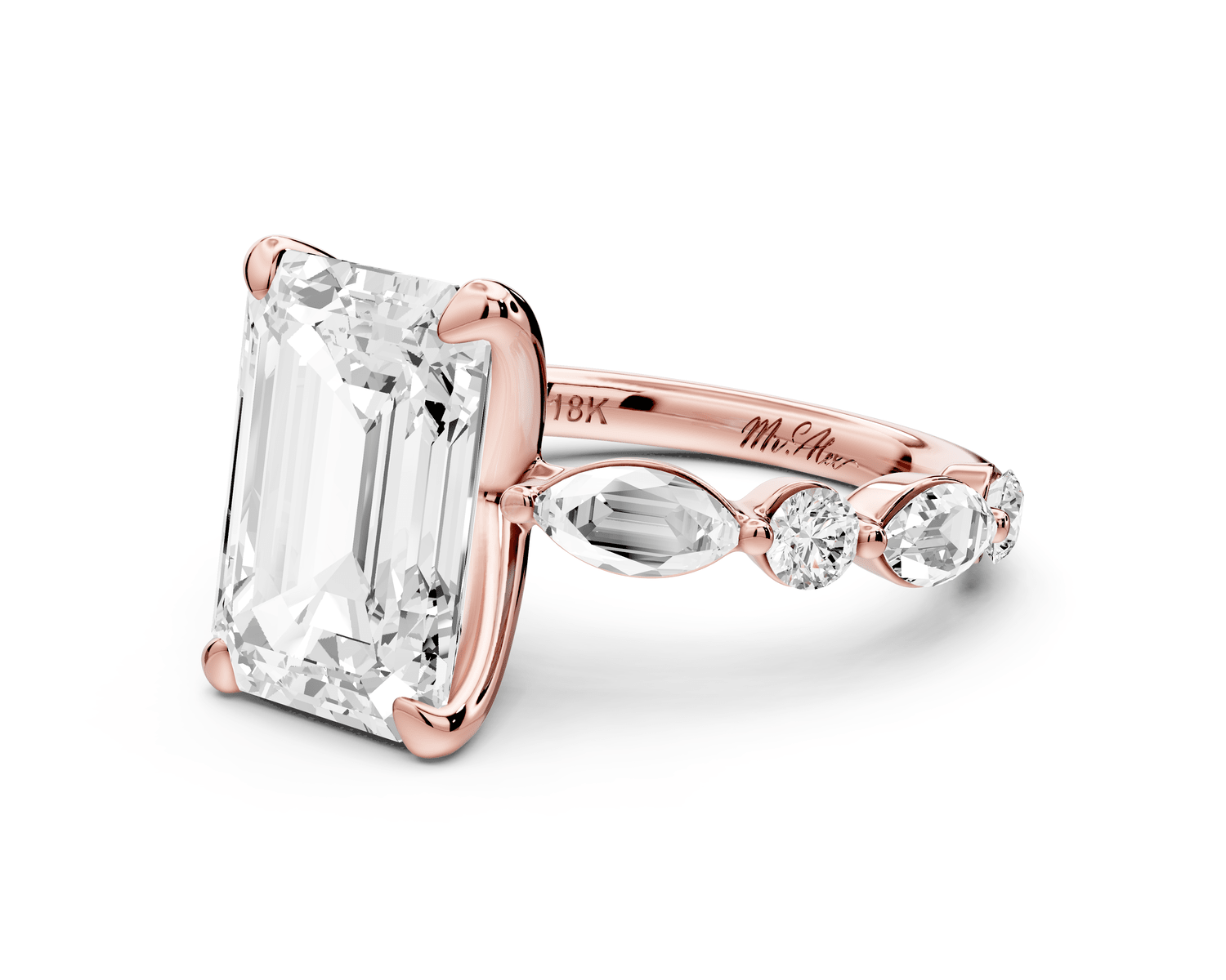 Amalia - 3ct 18k rose gold emerald Round Diamond with Alternating 8 - Stone Marquise and Round Diamond Band Engagement Ring - Mr. Alex Jewelry