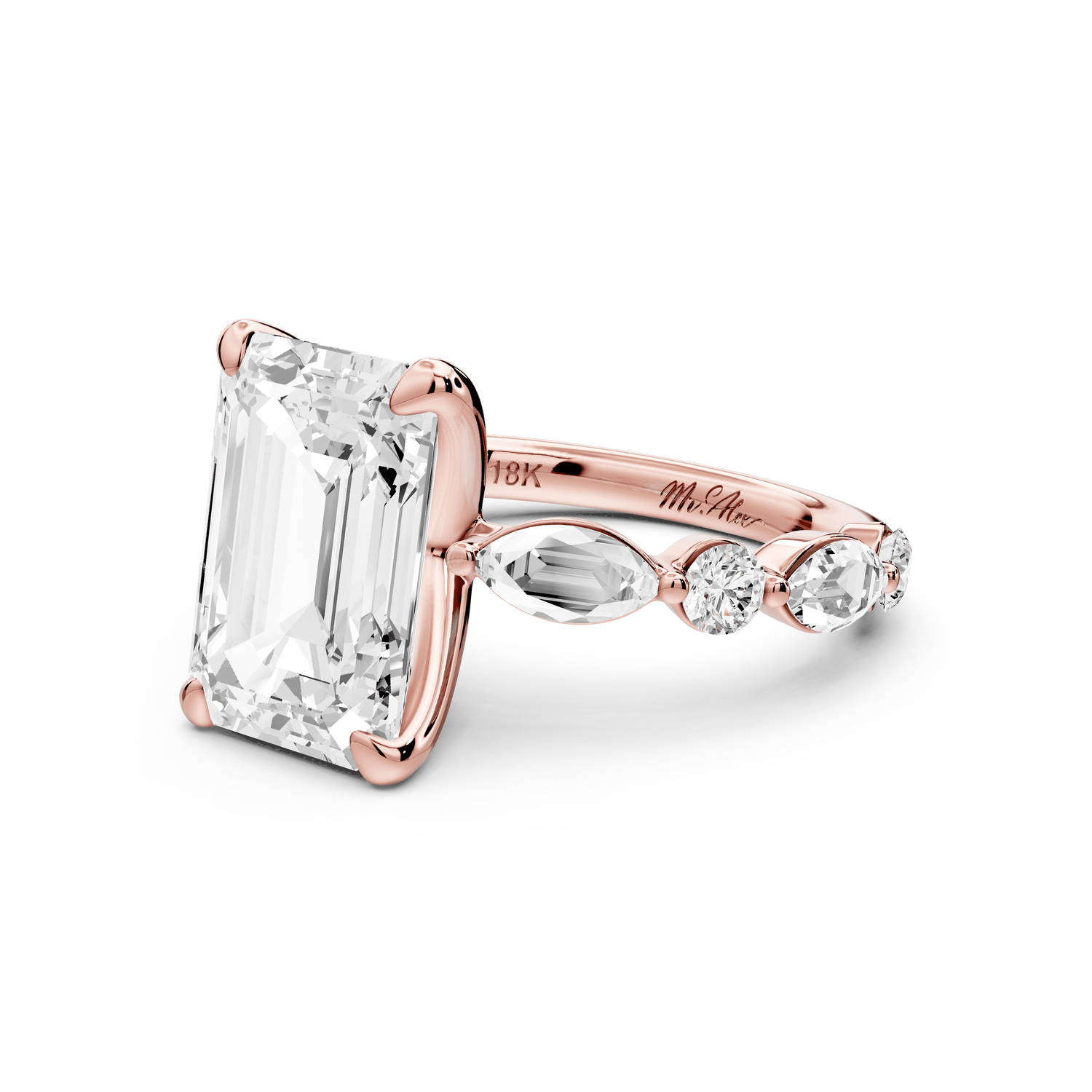 Amalia - 3ct 18k rose gold emerald Round Diamond with Alternating 8 - Stone Marquise and Round Diamond Band Engagement Ring - Mr. Alex Jewelry