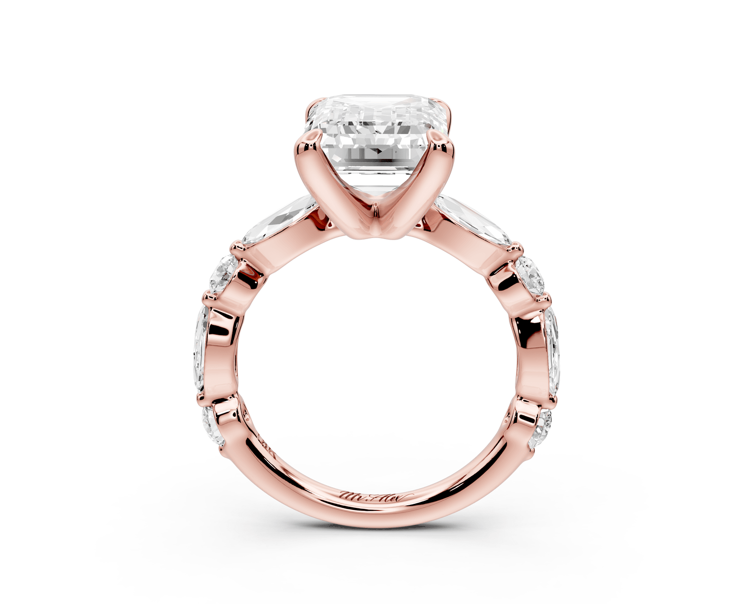 Amalia - 3ct 18k rose gold emerald Round Diamond with Alternating 8 - Stone Marquise and Round Diamond Band Engagement Ring - Mr. Alex Jewelry