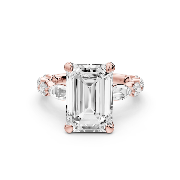 Amalia - 3ct 18k rose gold emerald Round Diamond with Alternating 8 - Stone Marquise and Round Diamond Band Engagement Ring - Mr. Alex Jewelry