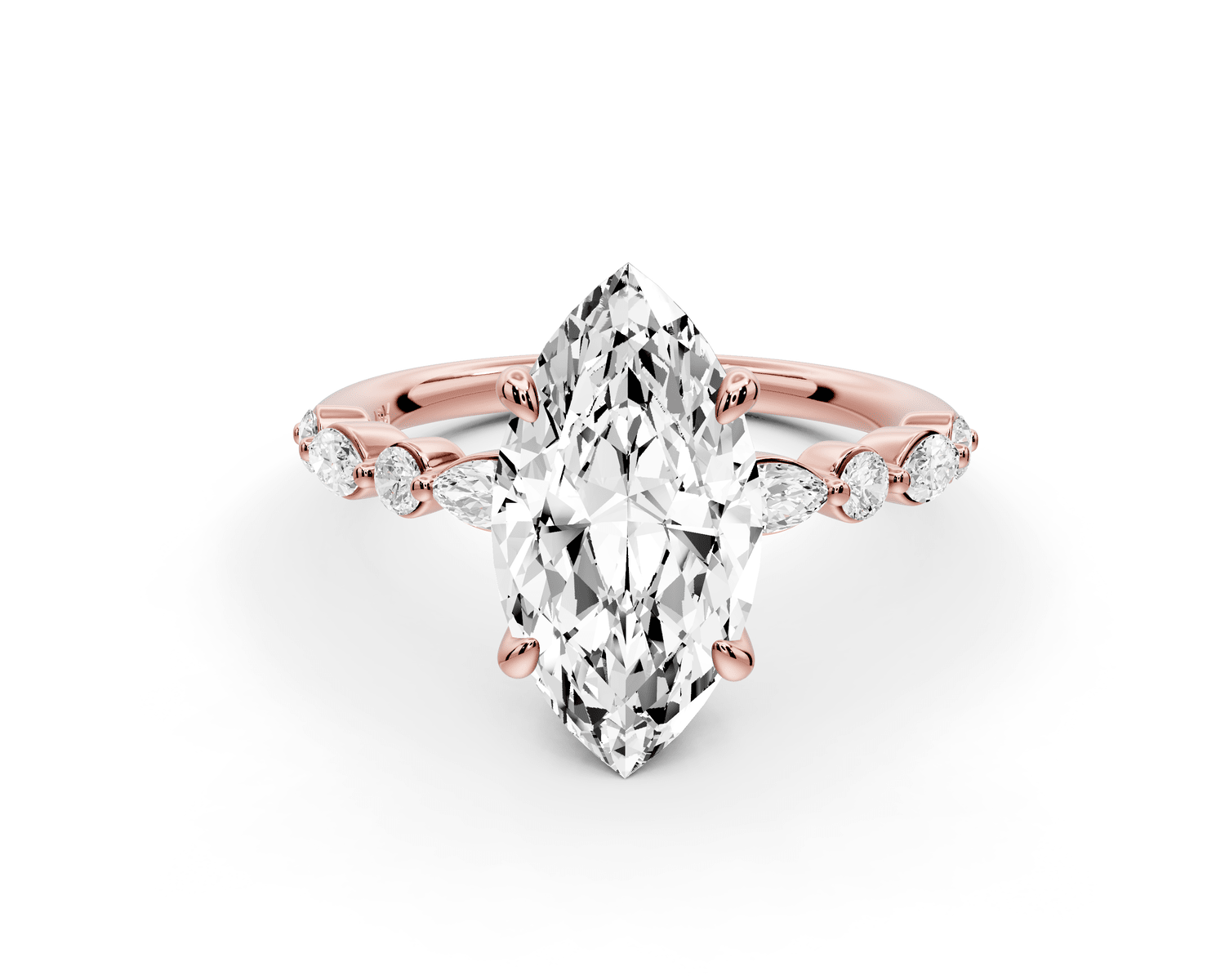 Amalia - 3ct 18k rose gold marquise Round Diamond with Alternating 8 - Stone Marquise and Round Diamond Band Engagement Ring - Mr. Alex Jewelry