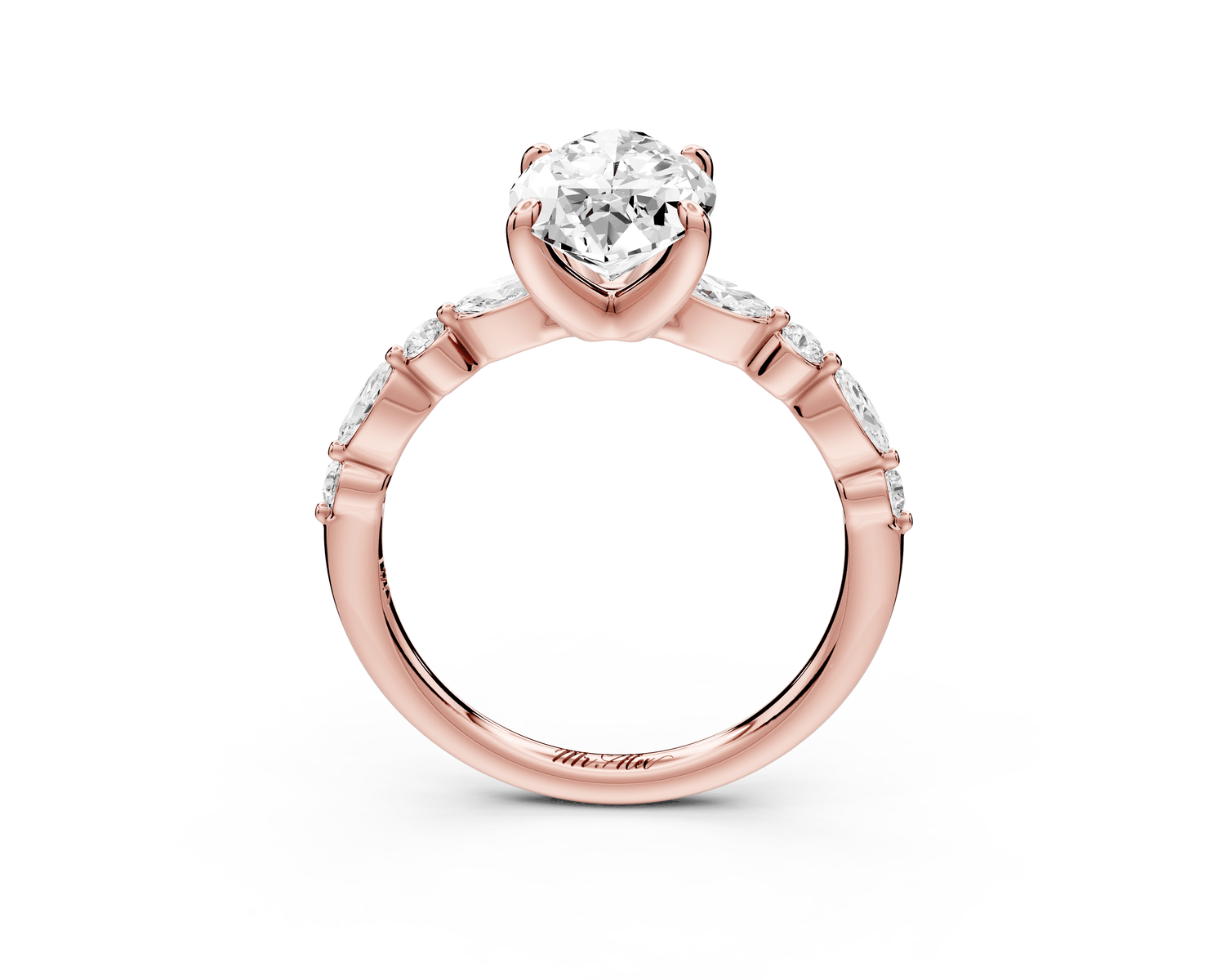 Amalia - 3ct 18k rose gold marquise Round Diamond with Alternating 8 - Stone Marquise and Round Diamond Band Engagement Ring - Mr. Alex Jewelry