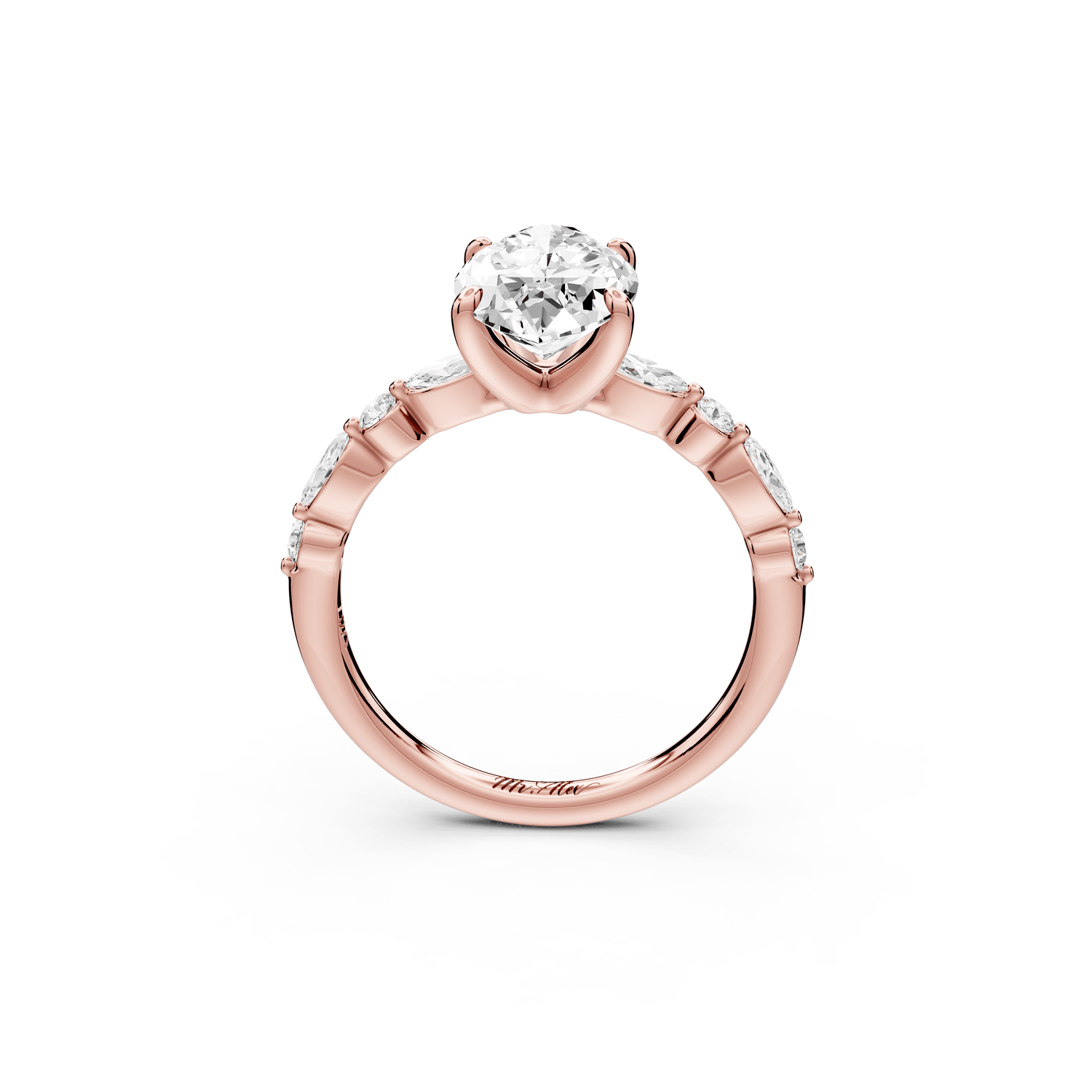 Amalia - 3ct 18k rose gold marquise Round Diamond with Alternating 8 - Stone Marquise and Round Diamond Band Engagement Ring - Mr. Alex Jewelry