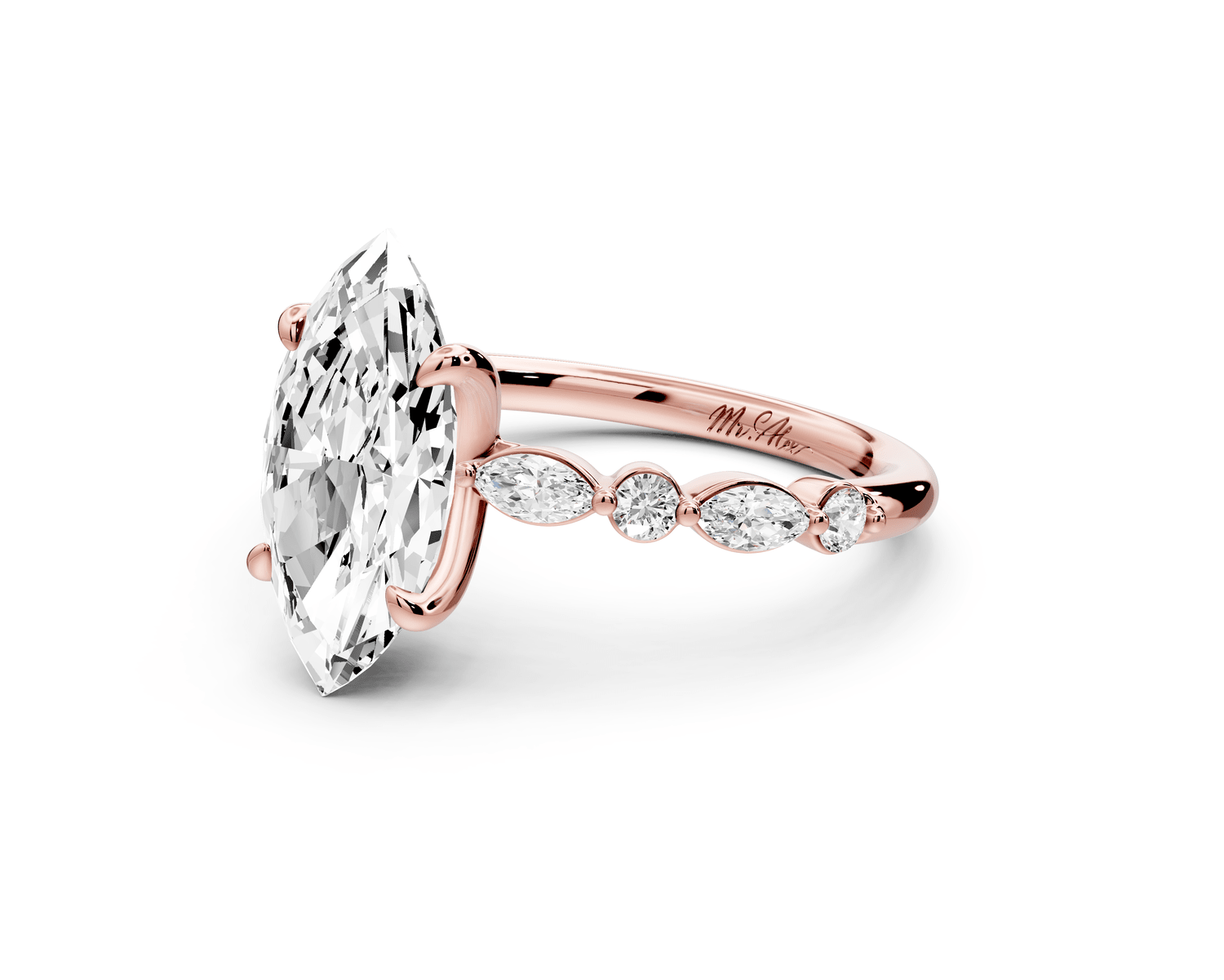 Amalia - 3ct 18k rose gold marquise Round Diamond with Alternating 8 - Stone Marquise and Round Diamond Band Engagement Ring - Mr. Alex Jewelry