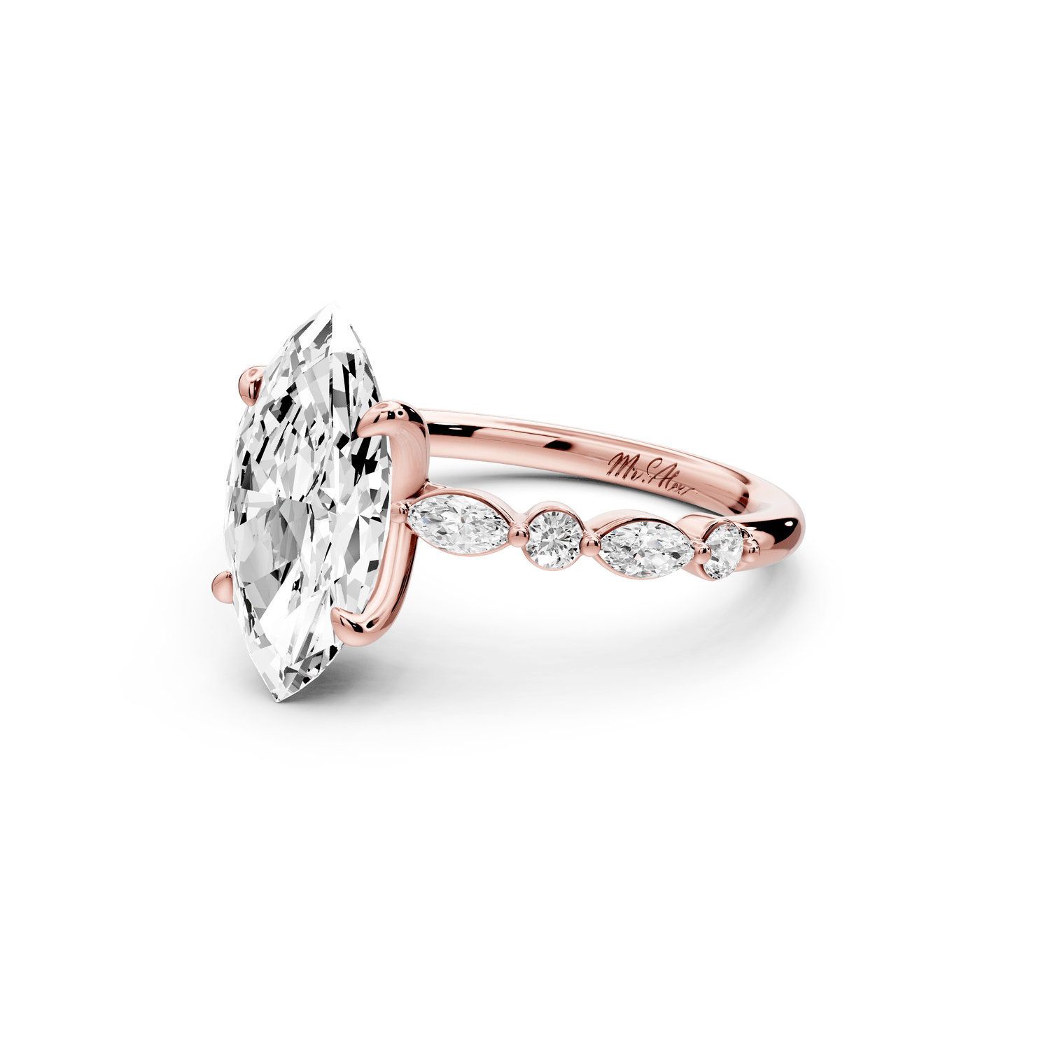 Amalia - 3ct 18k rose gold marquise Round Diamond with Alternating 8 - Stone Marquise and Round Diamond Band Engagement Ring - Mr. Alex Jewelry
