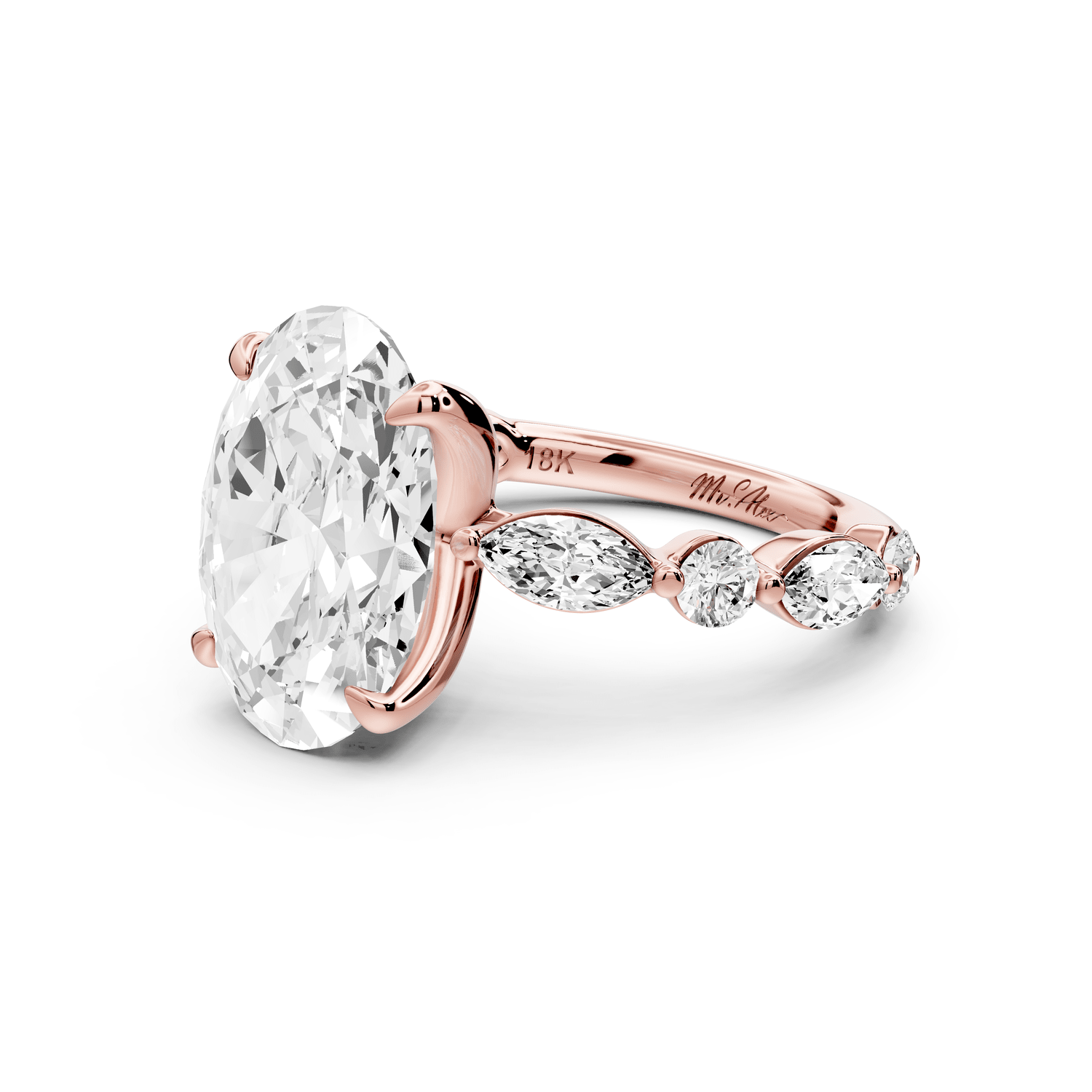 Amalia - 3ct 18k rose gold oval Round Diamond with Alternating 8 - Stone Marquise and Round Diamond Band Engagement Ring - Mr. Alex Jewelry